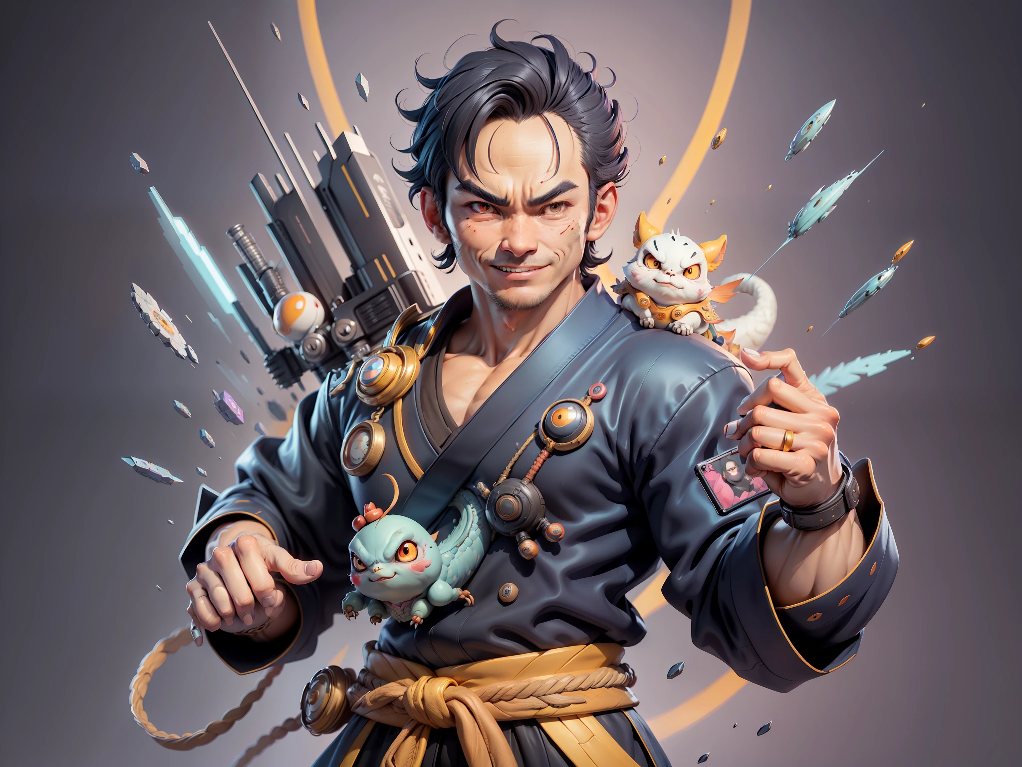 (Daisaku),(Need),(Super meticulous),(full bodyesbian:1.2),Super young man with Japanese geisha,Beautiful,Oriental dragon,Aeolian Thor,Raised sexy,爆乳,Oriental face,TV Anchor,Bust portrait illustration,In black suit,a blue tie,The face is slightly chubby,The face was clean,without a beard,Black super short hair,Black eyes,Smile confidently,3C computer sub-products,iPad, iphone,Digital painting,3D character design by Mark Clairen and Pixar and Hayao Miyazaki and Akira Toriyama,The illustration is a high-definition illustration in 4K resolution,With very detailed facial features and cartoon-style visuals。