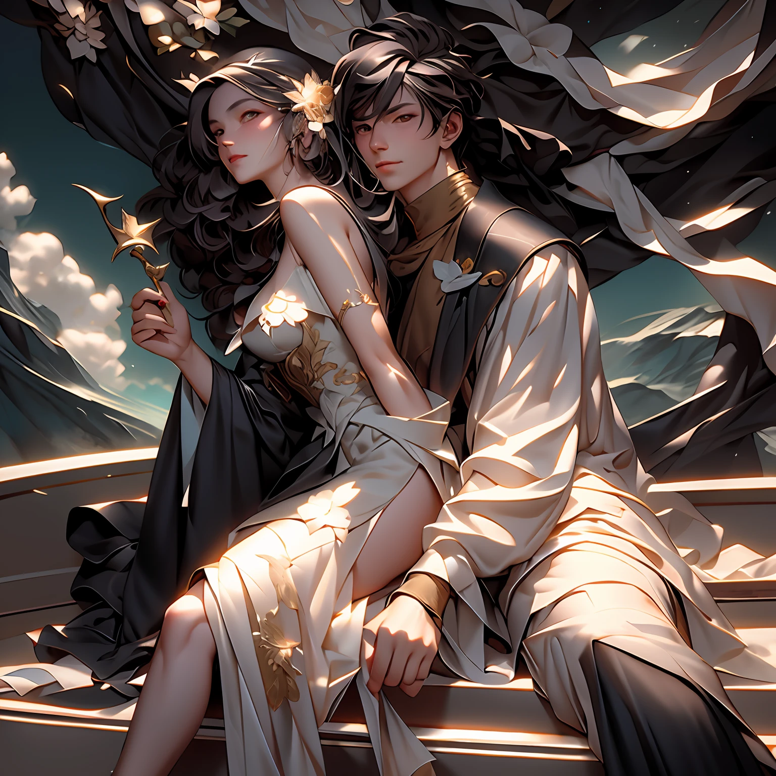 there is a man and woman sitting on a boat together, on a boat, roberto ferri and ruan jia, lv, 🤬 🤮 💕 🎀, by Anita Malfatti, by Emma Andijewska, dolce & gabbana campaign, they are in love, on the ocean, on the sea, jia, 🕹️ 😎 🚬, beautiful line art, detailed manga style, extremely fine ink lineart, black and white manga style, black and white line art, ink manga drawing, intense line art, pencil and ink manga drawing, intense black line art, in style of manga, exquisite line art, perfect lineart,exquisite line art, exquisite digital illustration, detailed digital drawing, black and white coloring, digital anime illustration, a beautiful artwork illustration, detailed matte fantasy portrait, beautiful line art, great digital art with details, goddess. extremely high detail, 4k detailed digital art, stunning digital illustration, digital fantasy illustration,((Best quality)), ((masterpiece)), (detailed:1.4), 3D, an image of a beautiful female,HDR (High Dynamic Range),Ray Tracing,NVIDIA RTX,Super-Resolution,Unreal 5,Subsurface scattering,PBR Texturing,Post-processing,Anisotropic Filtering,Depth-of-field,Maximum clarity and sharpness,Multi-layered textures,Albedo and Specular maps,Surface shading,Accurate simulation of light-material interaction,Perfect proportions,Octane Render, Two-tone lighting,Wide aperture,Low ISO,White balance,Rule of thirds,8K RAW