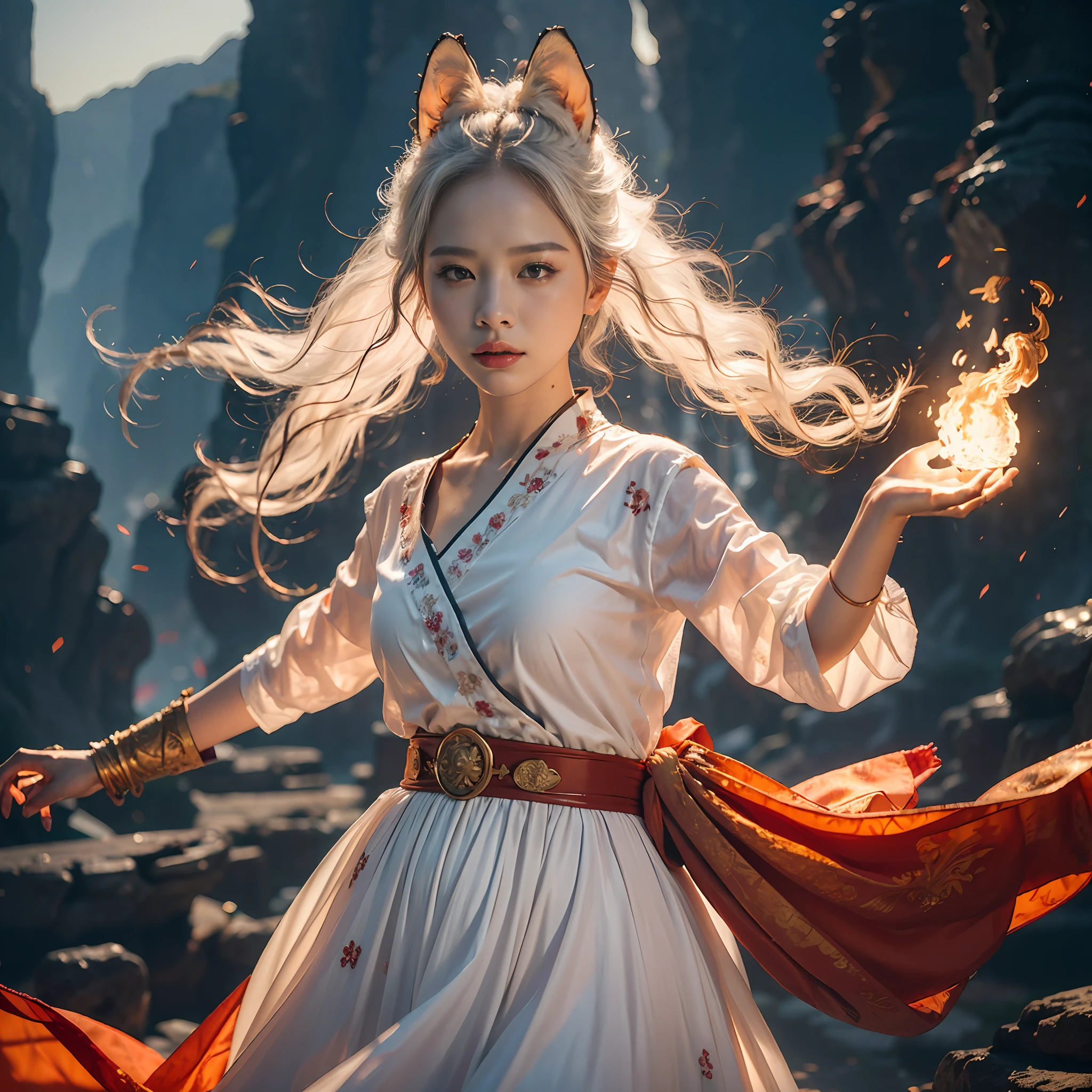 best qualtiy,tmasterpiece,超高分辨率,(realisticlying:1.4),(White-haired girl with fox ears:1.6),White hair,Beautiful_face,Plump breasts,Detailed skins,A look of determination,yuhuoshu,Mysterious flame constellation pattern,(The whole body is on fire:1.5),(Fireball in hand:1.3),Spells,Work on,twirl,hair flowing in the wind, Fighting posture,swirling fire,dynamic compositions,独奏,realisticlying,The background is mountains,Rochas