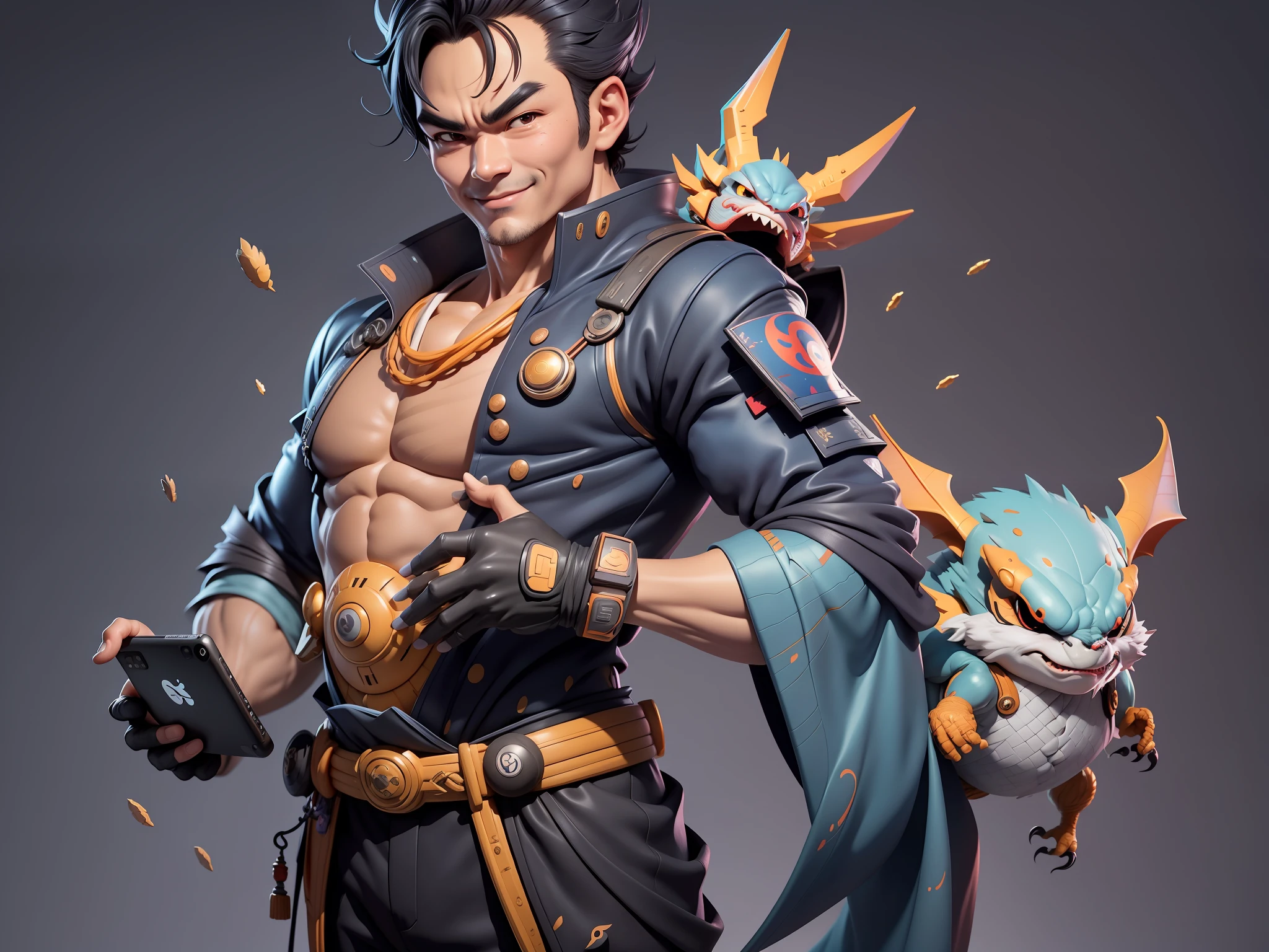 (Daisaku),(Need),(Super meticulous),(full bodyesbian:1.2),Super young man with Japanese geisha,Beautiful,Oriental dragon,Aeolian Thor,Raised sexy,爆乳,Oriental face,TV Anchor,Bust portrait illustration,In black suit,a blue tie,The face is slightly chubby,The face was clean,without a beard,Black super short hair,Black eyes,Smile confidently,3C computer sub-products,iPad, iphone,Digital painting,3D character design by Mark Clairen and Pixar and Hayao Miyazaki and Akira Toriyama,The illustration is a high-definition illustration in 4K resolution,With very detailed facial features and cartoon-style visuals。