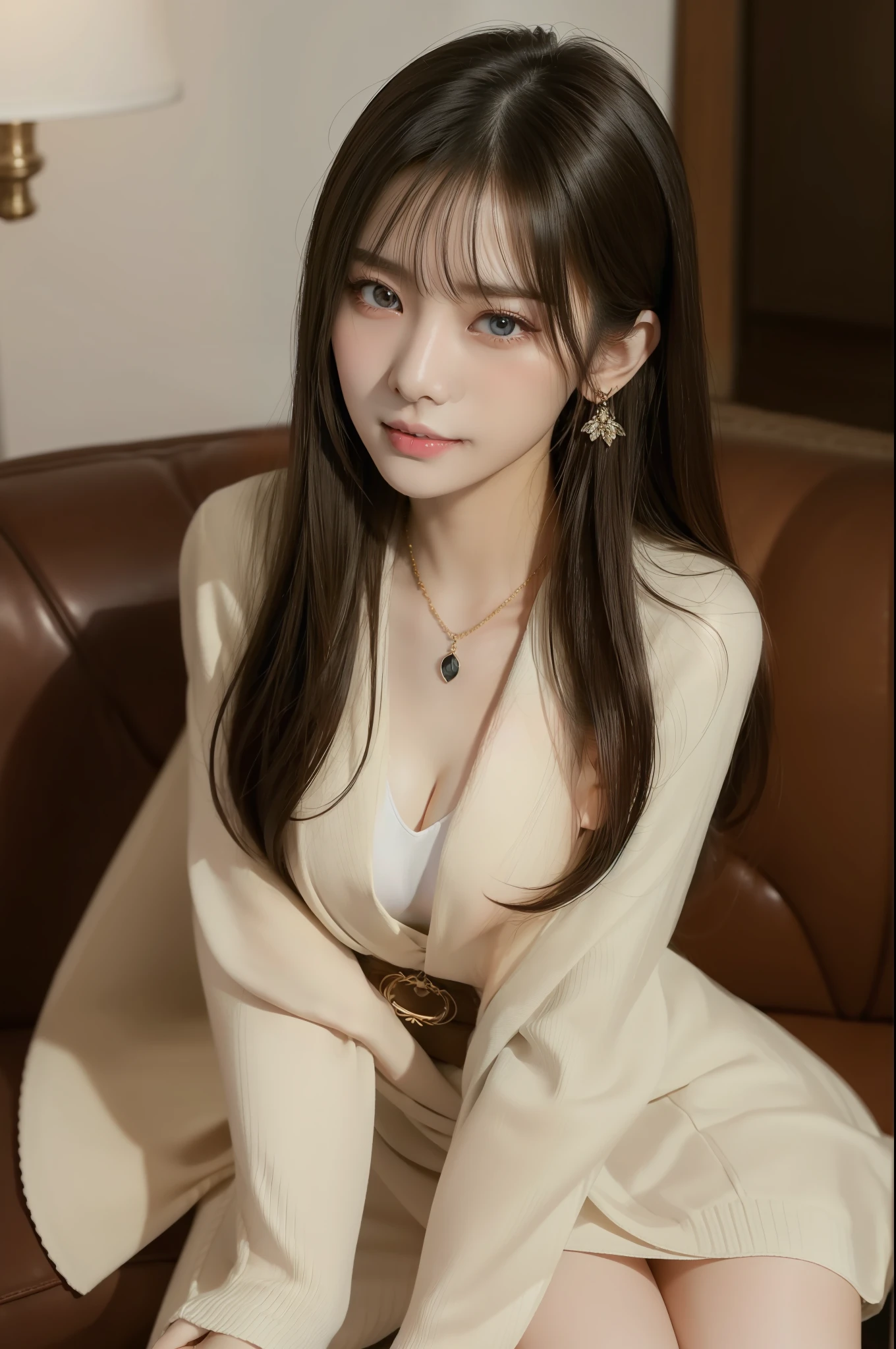 blushing embarassed smiling ilicheng, 
mouth closed, balanced eyes,
(Best quality details:1.2),realistic,8K High definition,(1girl:1),Ultra Detailed,High quality texture,intricate details,detailed texture,finely detailed,high detail,extremely detailed cg,High quality shadow,Detailed beautiful delicate face,Detailed beautiful delicate eyes,Depth of field,Ray tracing,(a beautiful 25 age years old sexy korean taiwan girl:1),medium breast, tall_female, beautiful_legs, Glow Eyes,blush,  perfect body,skinny, 
blurry indoor background, 
transparent 
fashionable
Jeans, 
 
formal
Ring,

 open coat:1.1, [brown_skirt]:1, stockings and garterbelt:1.2,  straight hair, cozy living room, sunlight, kneeling on sofa, earrings,necklace, model, looking at viewer, dynamic pose, 

 ulzzang-6500-v1.1:0.01