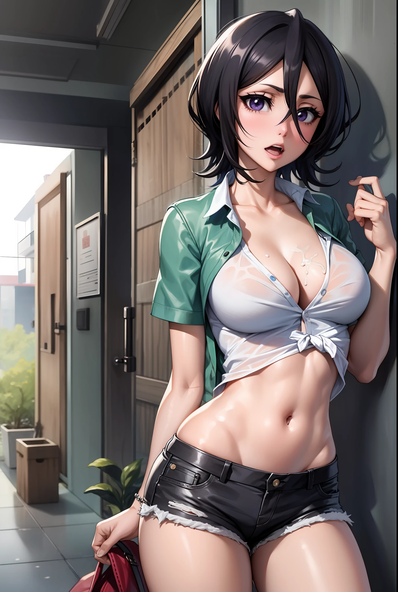 ANIME SCREENCAP, The city, a 1girl, 独奏, Short Hair Hair, black  hair, violet eyes, looking a viewer, Hair between the eyes, Lustful, opened mouth, wide thighs, Short top, Short shorts, Unbuttoned shorts, Squat, spreading legs, erotica, A lot of erotica, groin, sperm, cum in mouth, Pahu's sperm