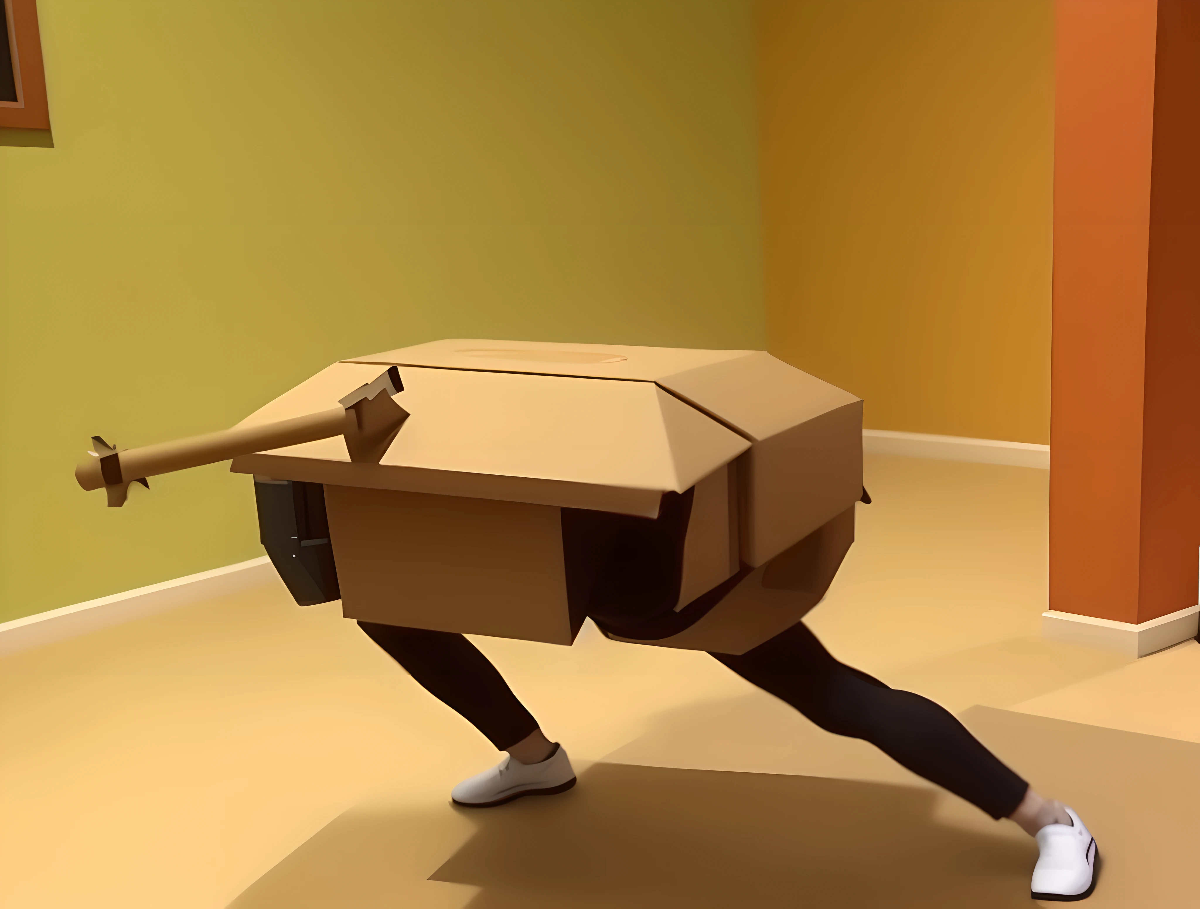Arafeld woman doing yoga poses in a cardboard box, as a fortnite character, tank with legs, made of cardboard, Robots made of cardboard boxes, as an anthropomorphic turtle, as an overwatch character, Show on the《Fortnite》Curly, 🐋 as 🐘 as 🤖 as 👽 as 🐳, mech shaped like a manatee, Titanic tank with legs