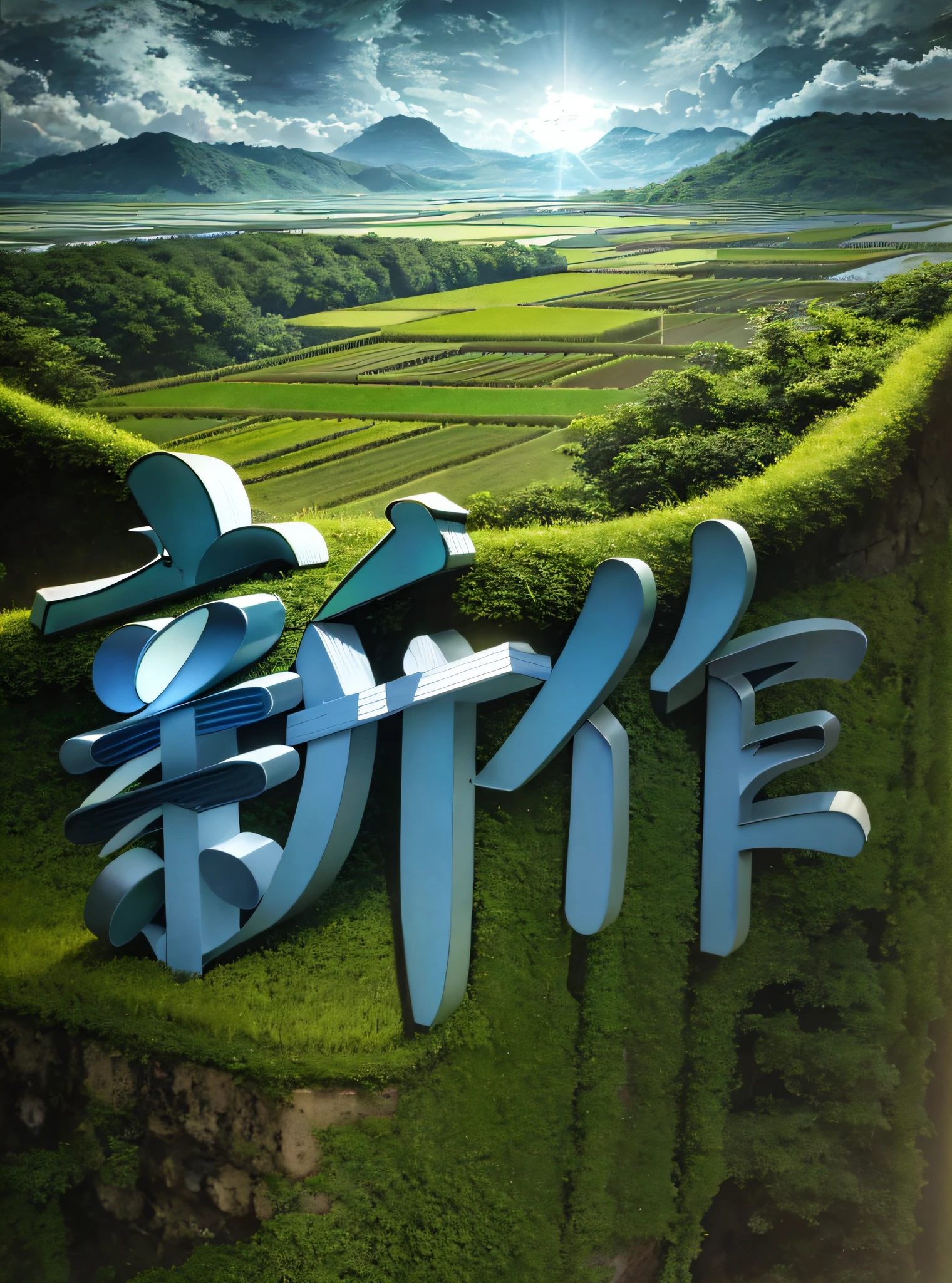 overlooks,Large clouds,blue-sky,Rice fields,There are neat rice seedlings in the field,ln the forest,hillside,Quiet,Rustic,high definition detail,Ultra-delicate,cinematic ligh,ultra-realistic realism,Soft light,Deep field focus bokeh,Ray tracing and surrealism。