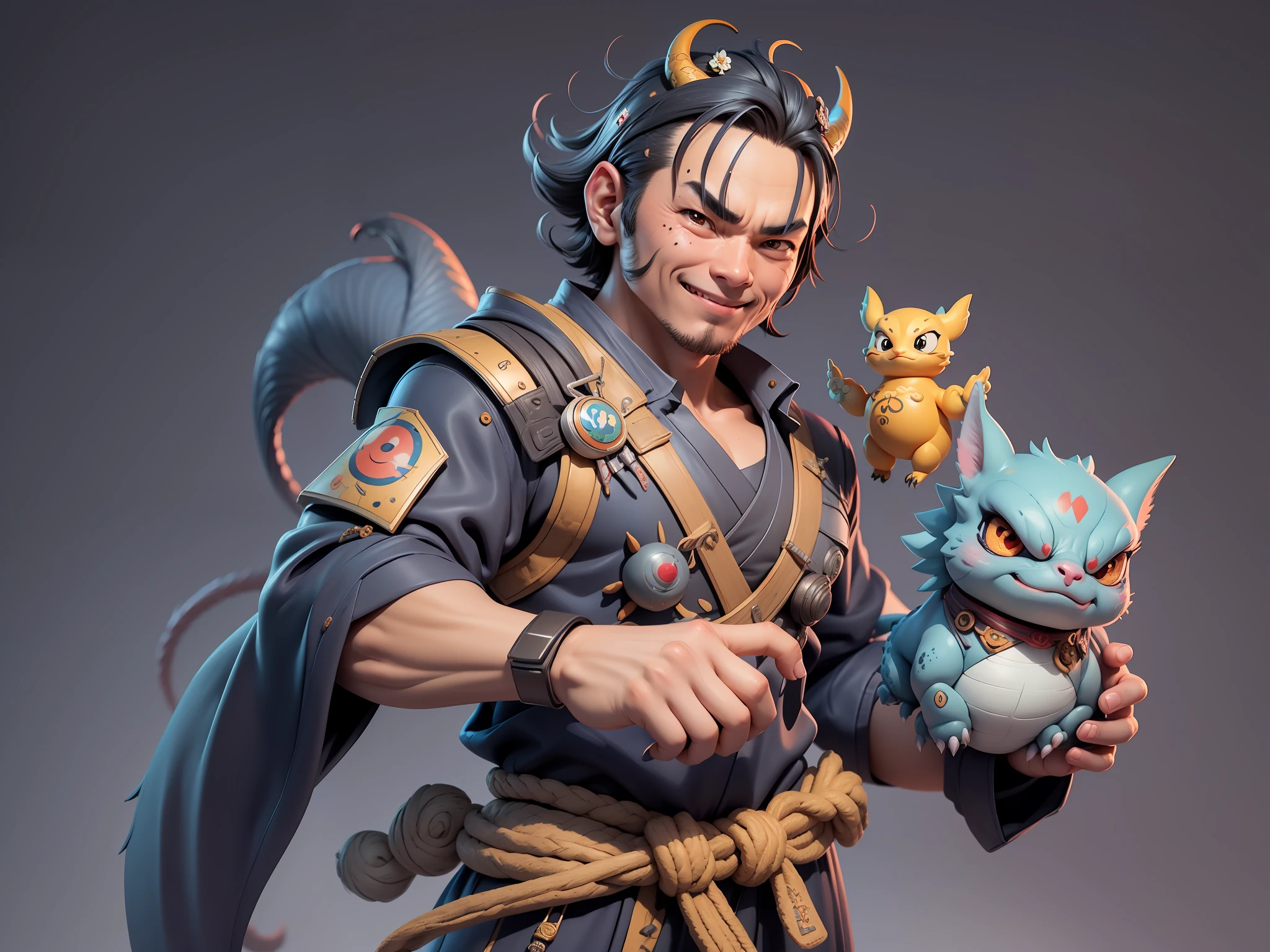 (Daisaku),(Need),(Super meticulous),(full bodyesbian:1.2),Super young man with Japanese geisha,Beautiful,Oriental dragon,Aeolian Thor,Raised sexy,爆乳,Oriental face,TV Anchor,Bust portrait illustration,In black suit,a blue tie,The face is slightly chubby,The face was clean,without a beard,Black super short hair,Black eyes,Smile confidently,3C computer sub-products,iPad, iphone,Digital painting,3D character design by Mark Clairen and Pixar and Hayao Miyazaki and Akira Toriyama,The illustration is a high-definition illustration in 4K resolution,With very detailed facial features and cartoon-style visuals。
