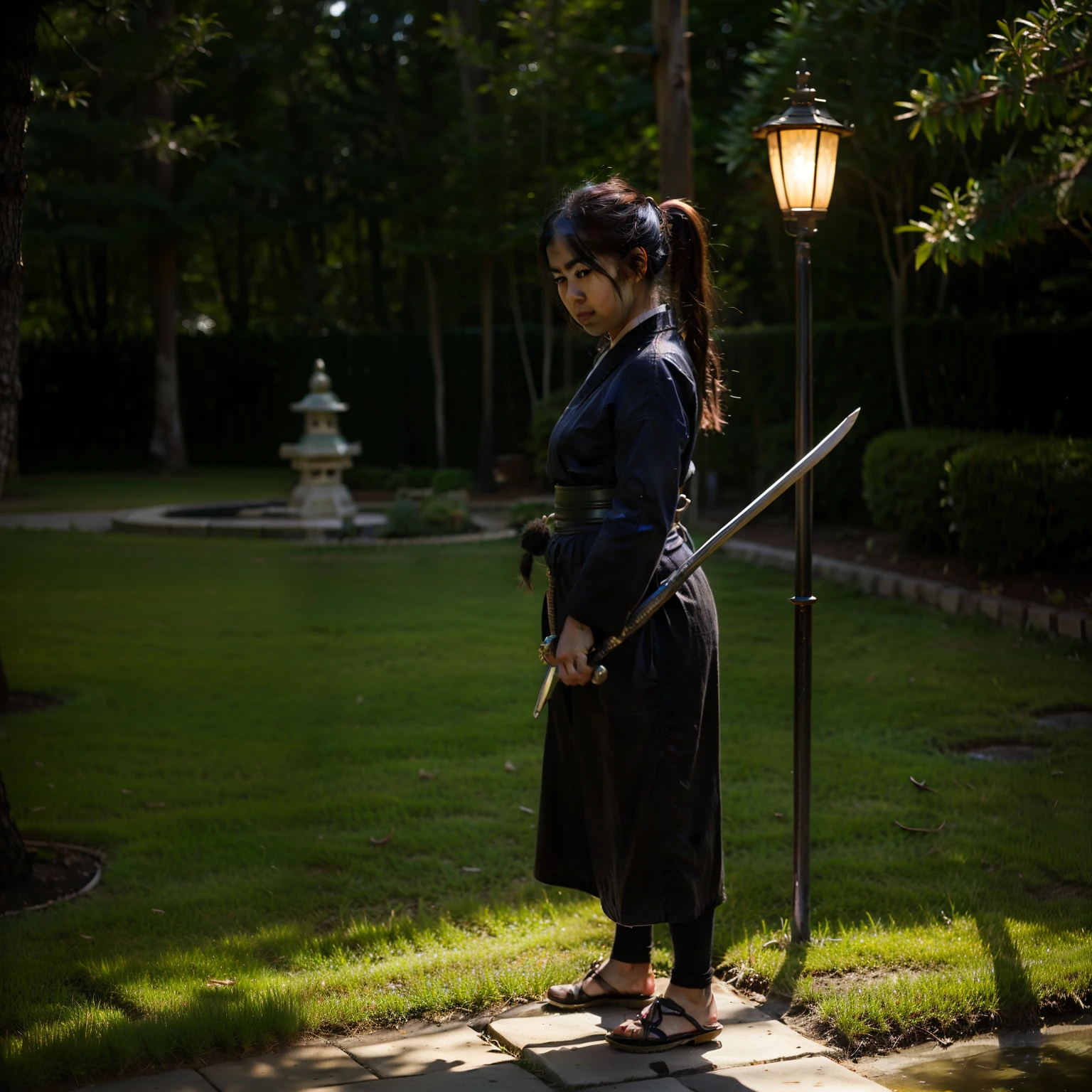 A beautiful Japanese girl holding a katana stands in a Japanese-style garden，lamplight，k hd，the detail，Real Human，The knife flashes，pony tails