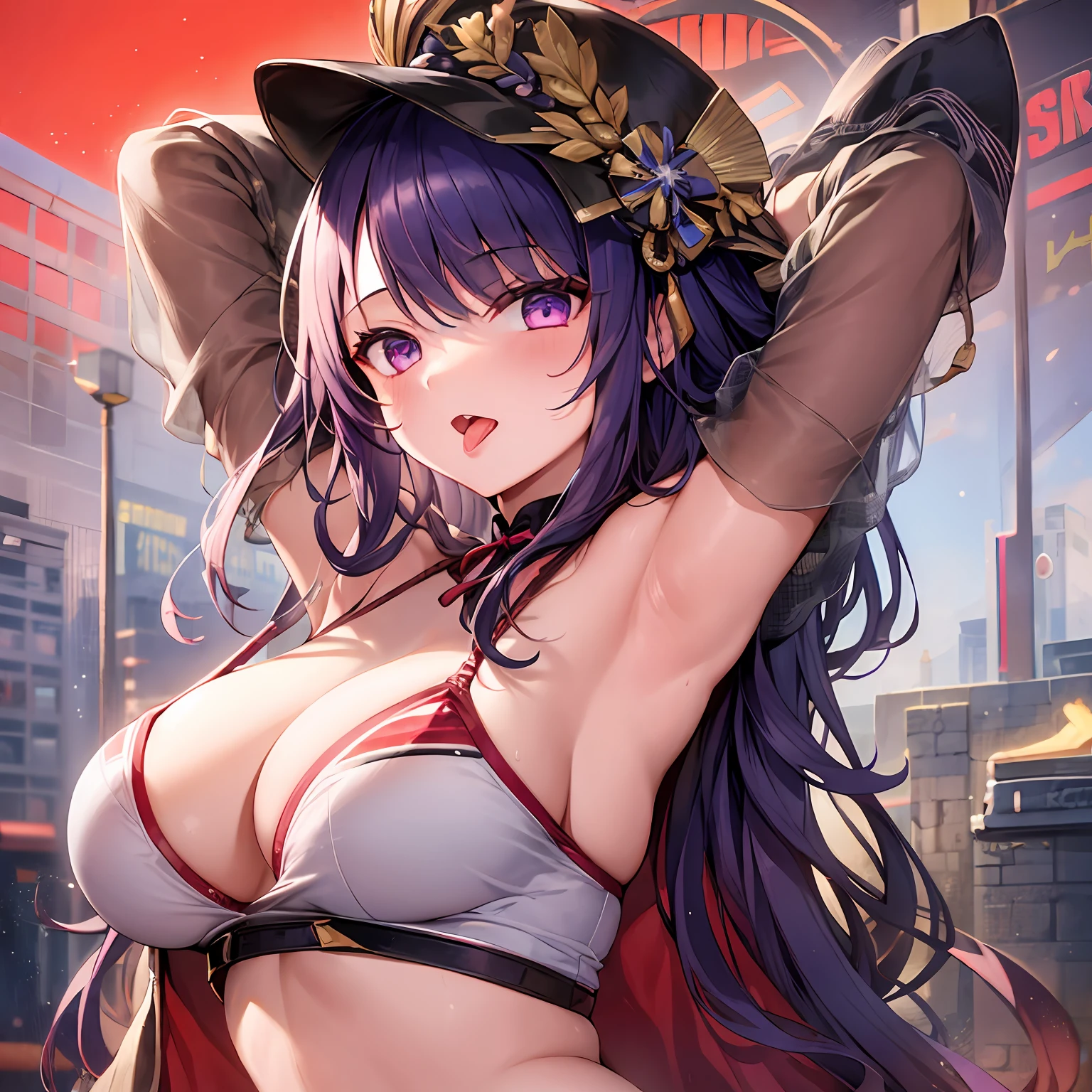 (((1girl))), hands up, long hair, tank-top, jacket, open shoulder, cowboy shot, bikini, medium breast, red background, open mouth, stick out her tongue out at viewers, red eyes, flushed, raiden shogun