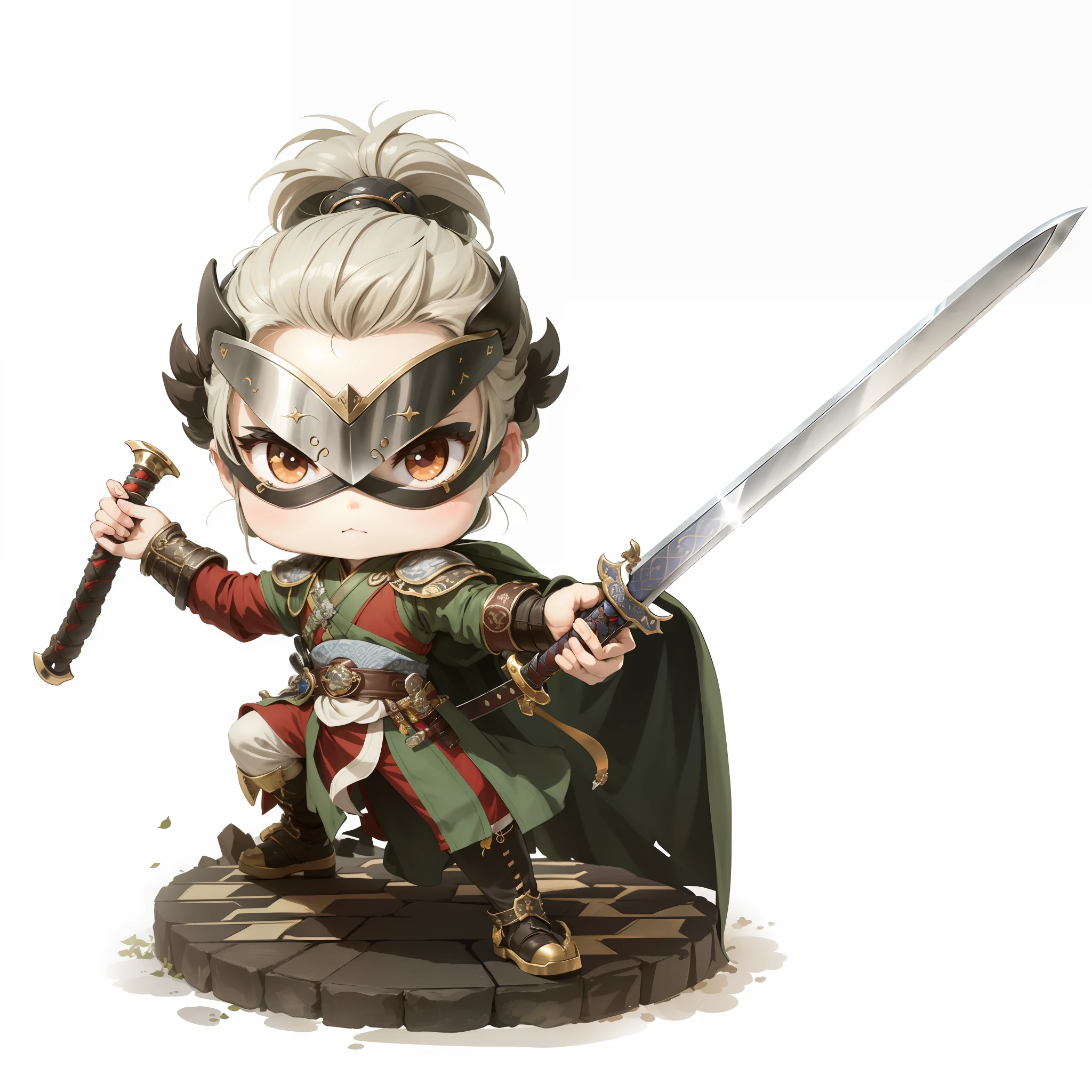 Chibi anime characters,The sword,sword sheath,There is a beautiful pattern on the scabbard,Refinement,Fine painting,Refinement,infinite details,high definition detail,Delicate belt,Belt accessories,Male characters,Blindfolds,sideface,swordsman,dark colored hair,Patterned,Pattern,Blank background,Bright colors,Metal edging