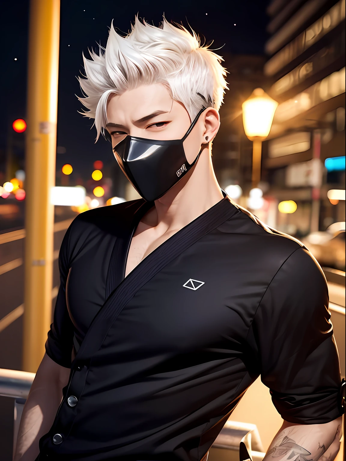 Rosto irritado, bravo, dominante, sobrancelha erguida, Serious, moderno, latex, usando roupa preta, vendado, black pants, usando venda preta nos olhos, camisa aberta, sensual, sedutor ((melhor qualidade, 8k, obra-prima: 1.3)), foco nítido: 1.2 、 (corte de camada, grande: 1.2), corpo perfeito, pale skinned, dedos perfeitos, homem bonito, magro, japanese, cabelo albino, sorriso, roqueiro, marked , gifted , Eye Mask, sorriso bobo. cabelos branco como a neve, cabelo sobre o rosto,  com figura perfeita: 1.4 、 Slender Abs: 1.2、gojo satoru, /jujutsu kaisen/ alto, jovial, homem de 20 anos,  : 1.5、Textura altamente detalhada do rosto e da pele, rosto maduro, com venda nos olhos, rosto quadrado, estiloso 、二重まぶた, medium hair covering the eyes, cabelo branco, franja sobre os olhos, franja sobre a face, albino. Fundo escuro, cyberpunk edgerunners, noite, night  sky, railing , construction, paisagem urbana destruida. cinematiclight.