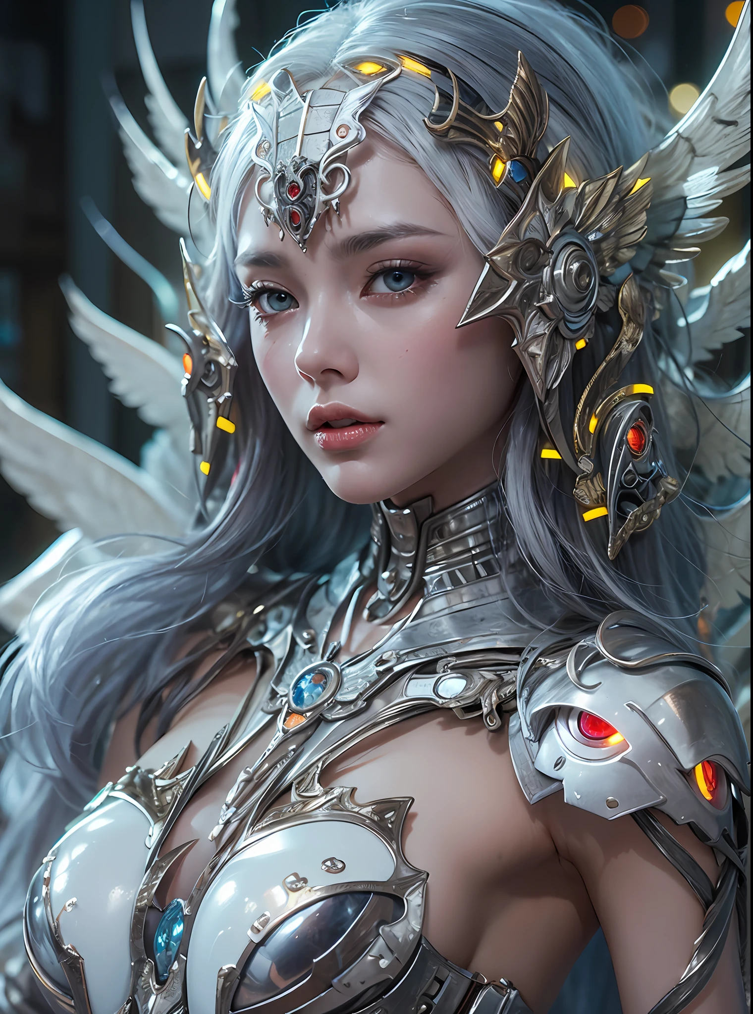 top-quality、masterpiece、超A high resolution、(Photorealsitic:1.4)、Raw photo、Cyborg Angel、large wings made of metal、White porcelain body、white hair、glowy skin、1 Cyborg Girl、((super realistic details))、portlate、globalillumination、Shadow、octan render、8K、ultrasharp、character edge light,Colossal tits、Raw skin is exposed in cleavage、Details of complex ornaments、Sumerian Detail Hydraulic Cylinder、Small LED lamp、highly intricate detail、Realistic light、a purple eye、radiant eyes、Facing the camera、neon details、cowboy shot、Futuristic headgear、More about cyberpunk、、