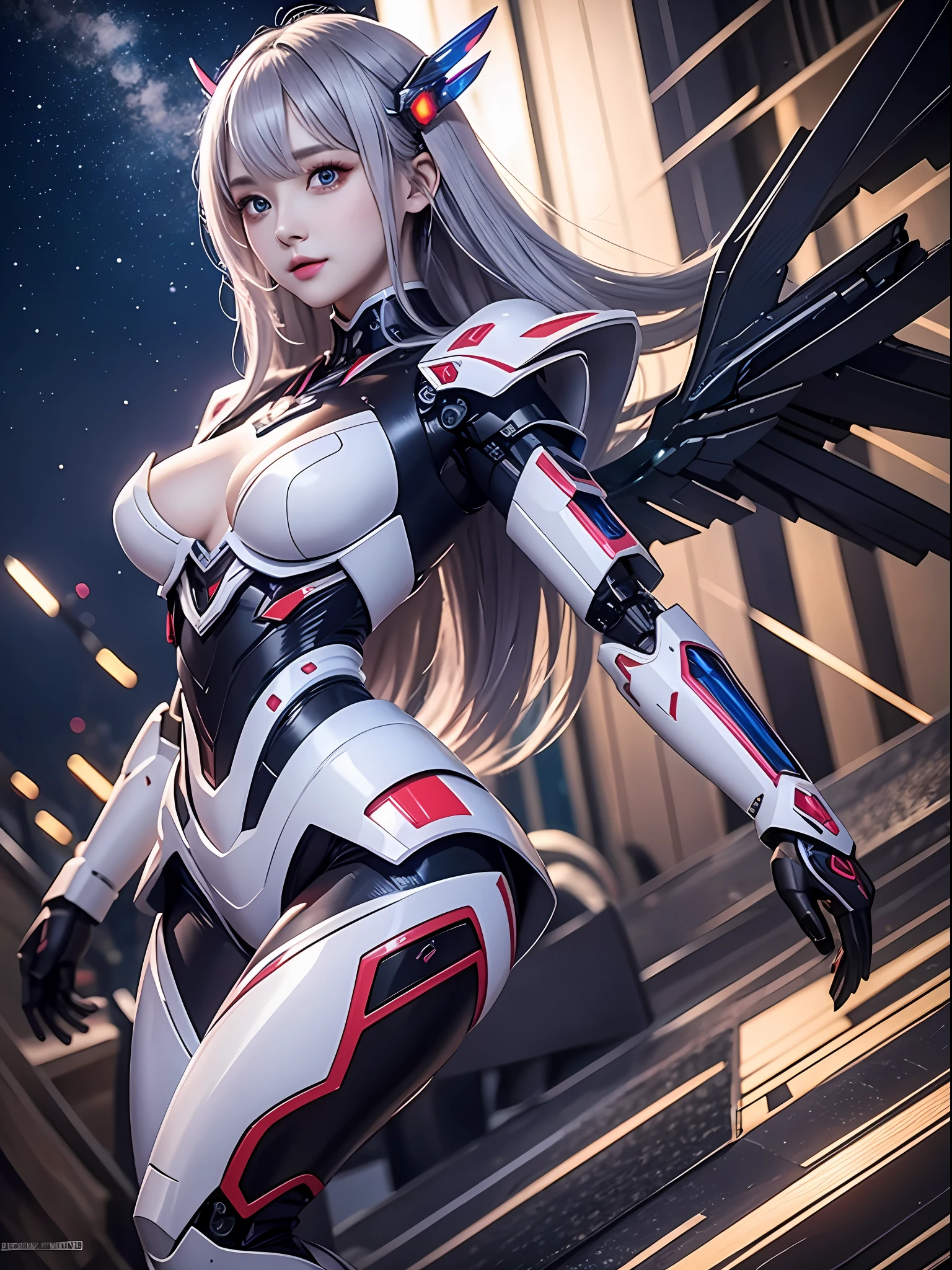 top-quality、8K、a picture、beautidful eyes、A detailed eye、Giant 3D printer、Arms market、neon light、starry nights、1girl in、cyborgs、full bodyesbian、perfect bodies、Chase Cyborg Enemies、medium chest、Top Viewers、Mecha wings。