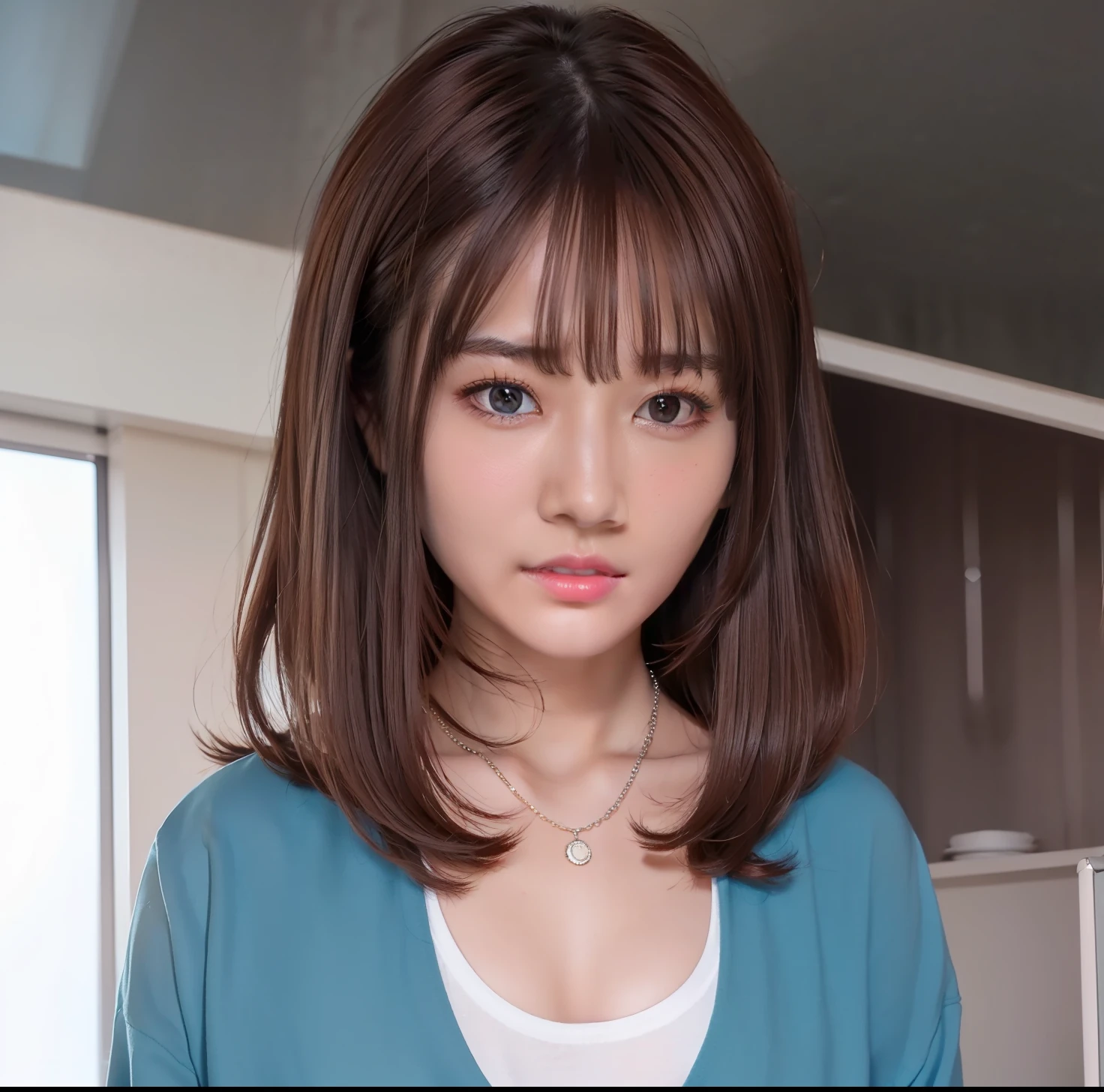 girl, Mikasa, verry beautiful, beautiful eyes, beautiful hair, brown hair, brown eyes, white t-shirt, blue blazer, and necklace, realistic, ultra detail, 70mm lens,