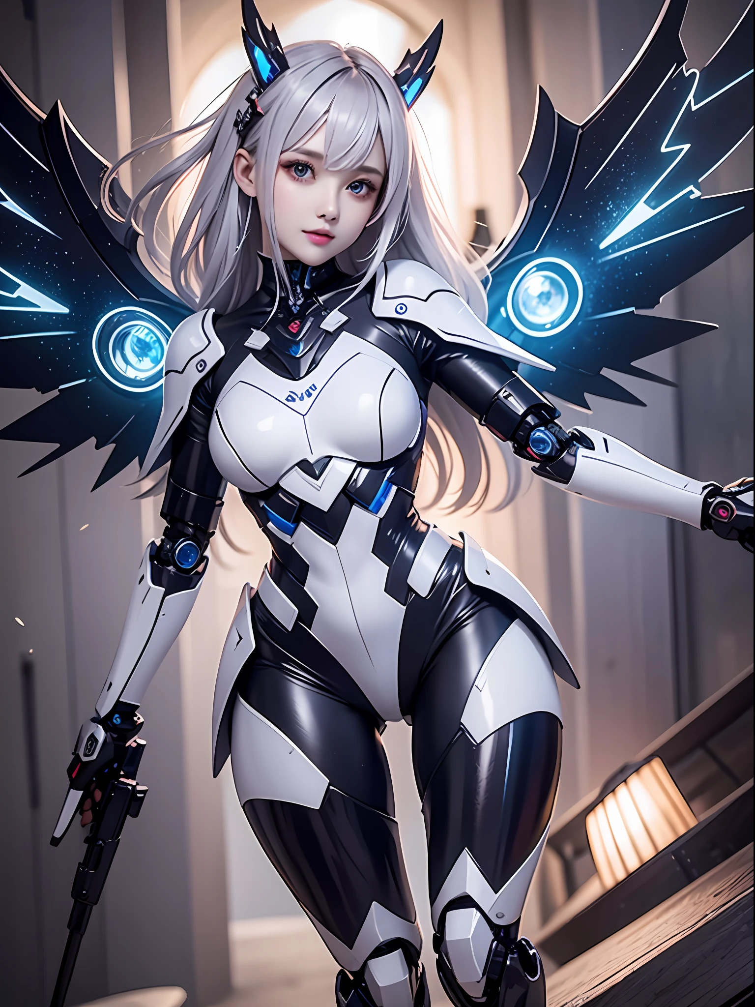 top-quality、8K、a picture、beautidful eyes、A detailed eye、Giant 3D printer、Arms market、neon light、starry nights、1girl in、cyborgs、full bodyesbian、perfect bodies、Chase Cyborg Enemies、medium chest、Top Viewers、Mecha wings。