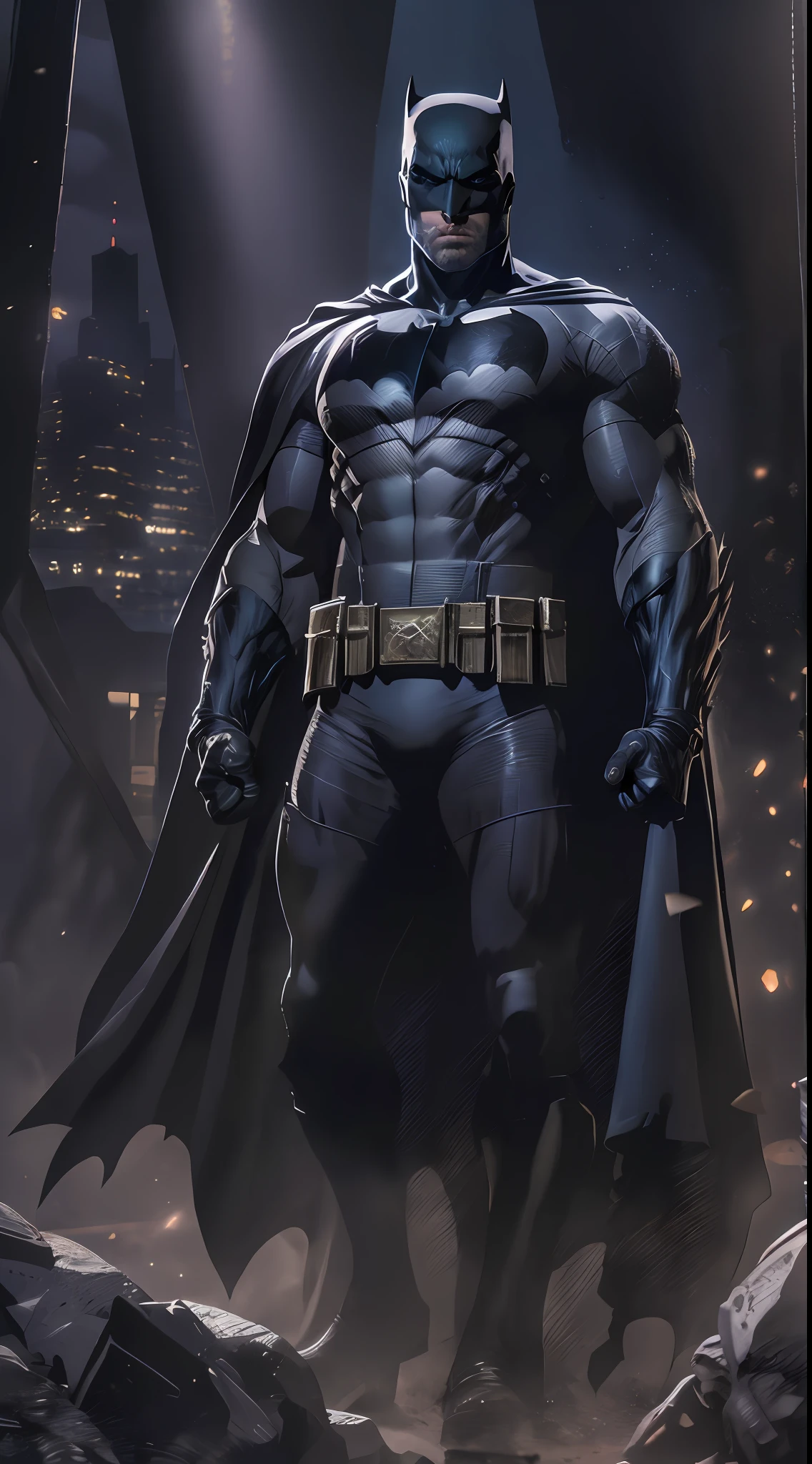 1 man, solo, close up cowboy shot of Ben Affleck as Batman, tall, hunk, muscular, bulk, wide shoulder, photorealism, dark dirty grey suit, dark grey arms, black gloves, best quality, masterpiece, high resolution:1.2, black cape, high detailed mask, high detailed suit, high detailed face, award winning, night time, a dark cave in the background, indoors, 4k, wallpaper