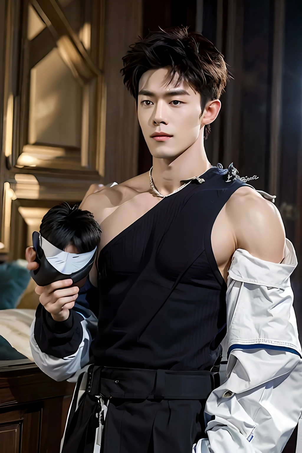 (tmasterpiece:1.3),(best qualtiy:1.2),8K,hoang lap,(The is very detailed:1.3),supreme,(1boys:1.2),sportrait,black eye mask
,Skinny long shirt,short detailed hair,Show muscles,broad shoulder,Blindfolded
