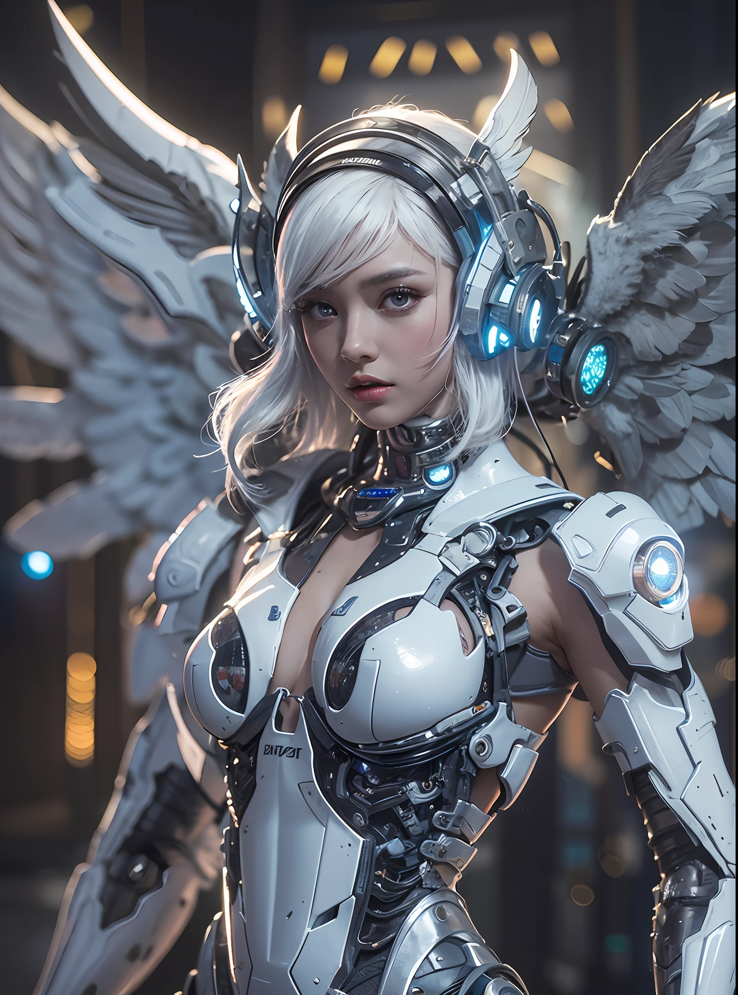 top-quality、​masterpiece、超A high resolution、(Photorealsitic:1.4)、Raw photo、Cyborg Angel、large wings made of metal、White porcelain body、white  hair、glowy skin、1 Cyborg Girl、((super realistic details))、portlate、globalillumination、Shadow、octan render、8K、ultrasharp、character edge light,Colossal tits、Raw skin is exposed in cleavage、Details of complex ornaments、Sumerian Detail Hydraulic Cylinder、Small LED lamp、highly intricate detail、Realistic light、a purple eye、radiant eyes、Facing the camera、neon details、cowboy  shot、Futuristic headgear、More about cyberpunk、、