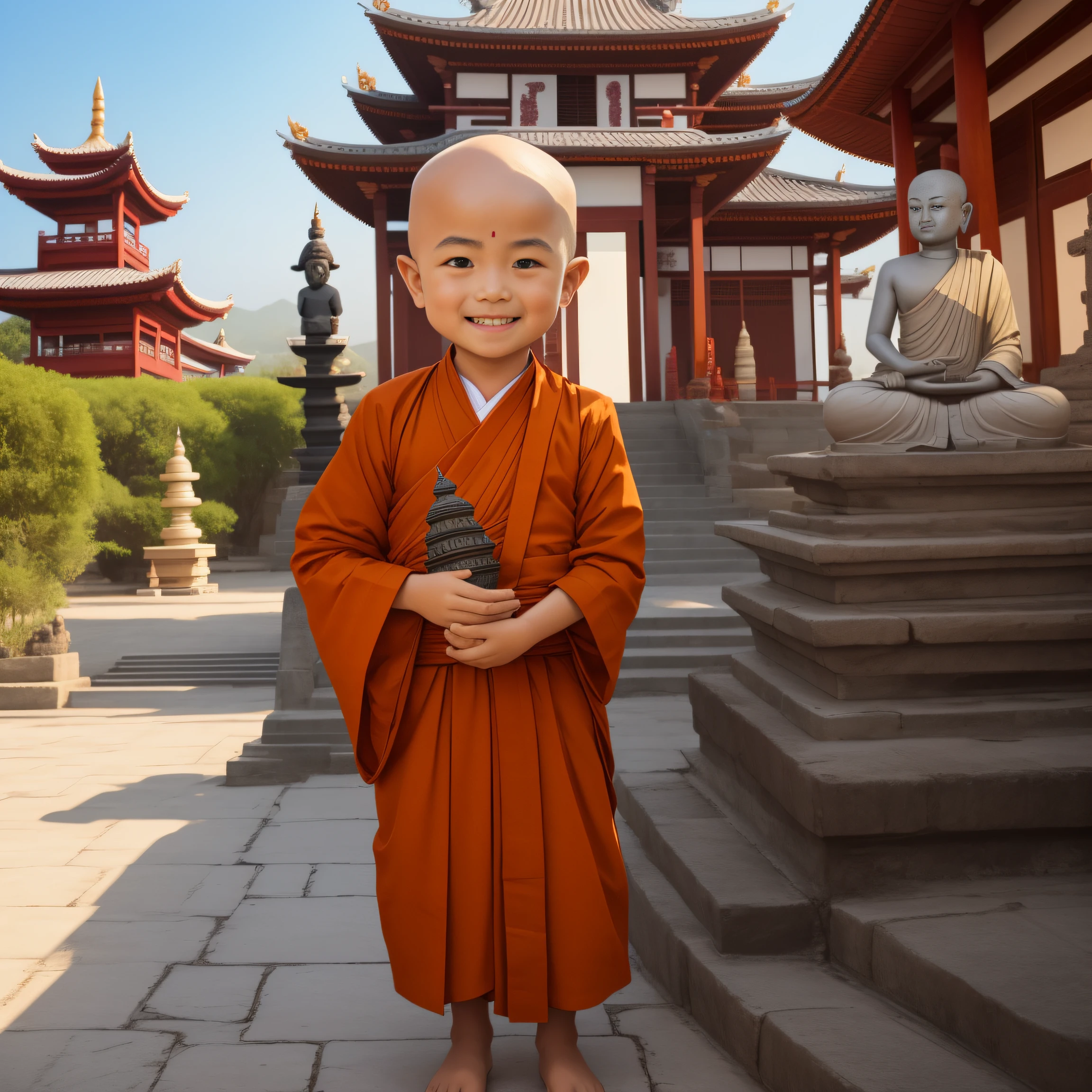 With a smile，Eyebrow beauty，Little monk without hair，The Buddha statue sits in front of the temple and knocks on the wooden fish