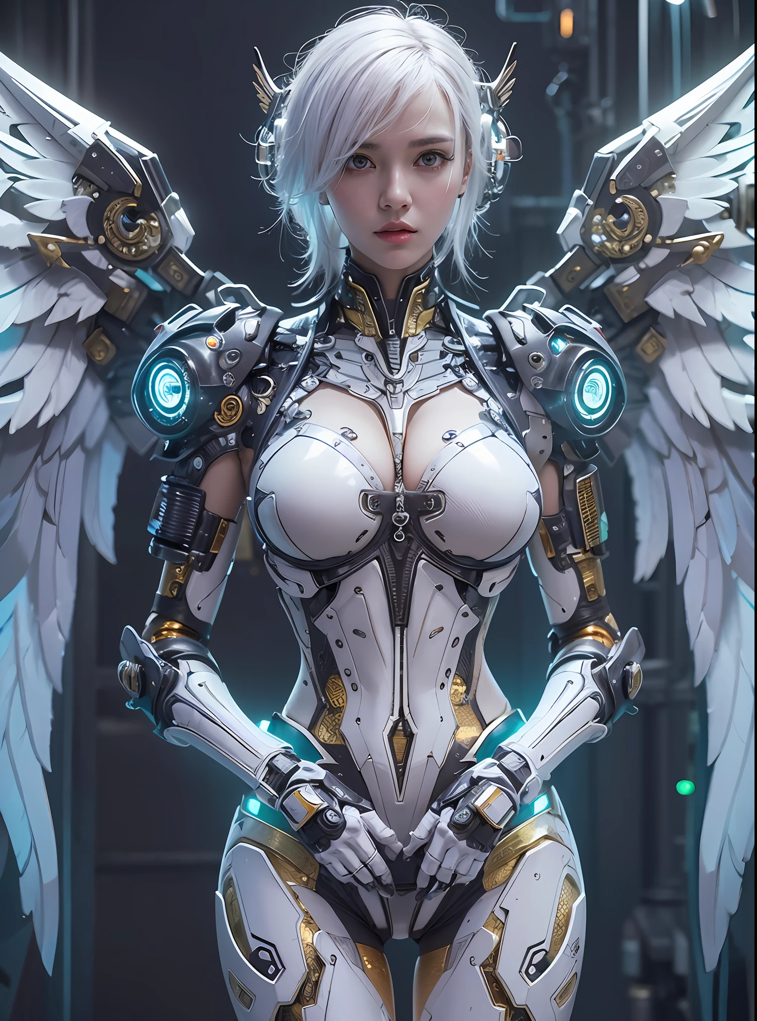 top-quality、​masterpiece、超A high resolution、(Photorealsitic:1.4)、Raw photo、Cyborg Angel、large wings made of metal、White porcelain body、white  hair、glowy skin、1 Cyborg Girl、((super realistic details))、portlate、globalillumination、Shadow、octan render、8K、ultrasharp、character edge light,Colossal tits、Raw skin is exposed in cleavage、Details of complex ornaments、Sumerian Detail Hydraulic Cylinder、Small LED lamp、highly intricate detail、Realistic light、a purple eye、radiant eyes、Facing the camera、neon details、cowboy  shot、Futuristic headgear、More about cyberpunk、、