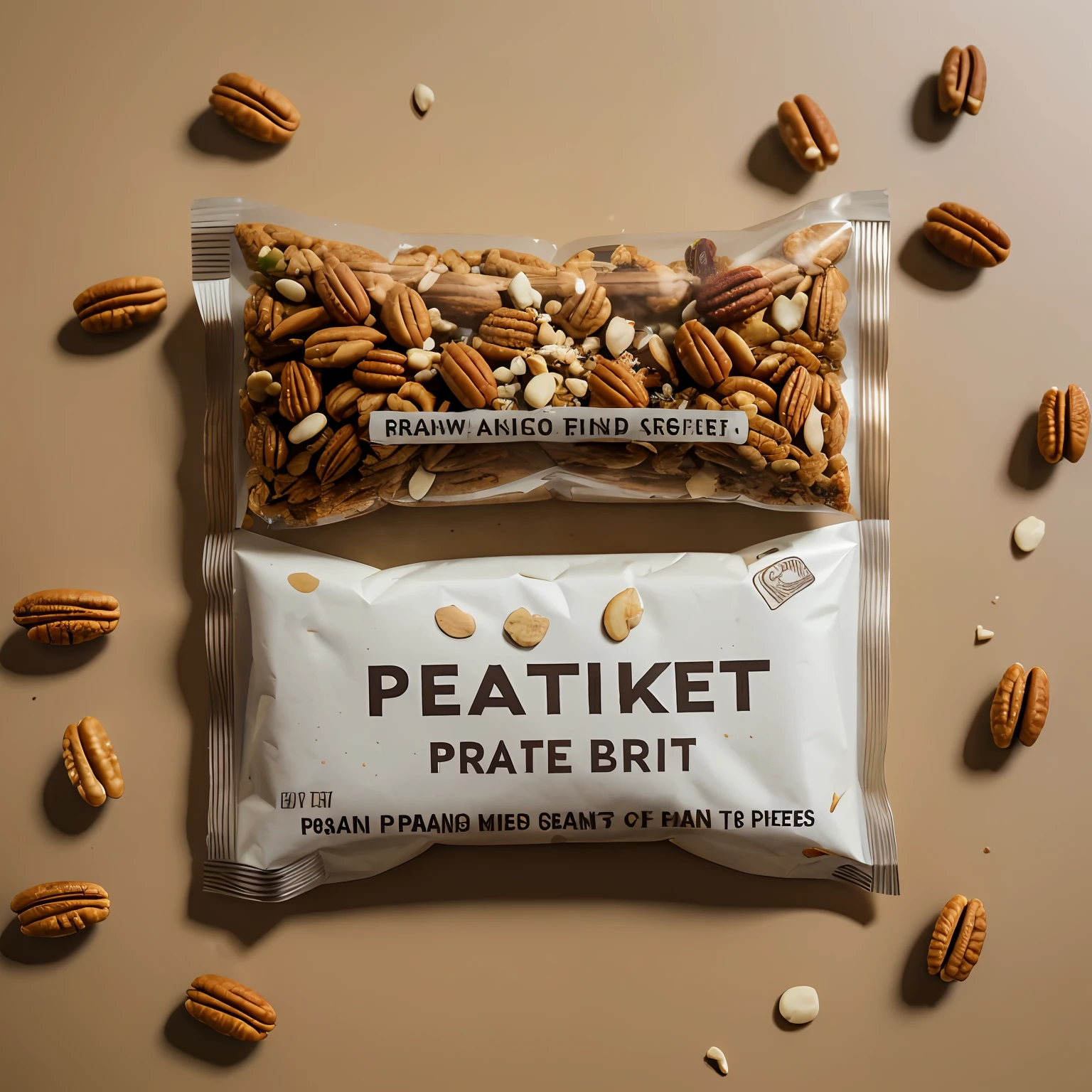 RAW photo, image centered on a packaged protein bar, pieces of nuts flying out of the middle, lots of peanut pieces in the surrounding area, splattered milk, food photography, professionally toned, no contrast, clear sharp focus, food photography