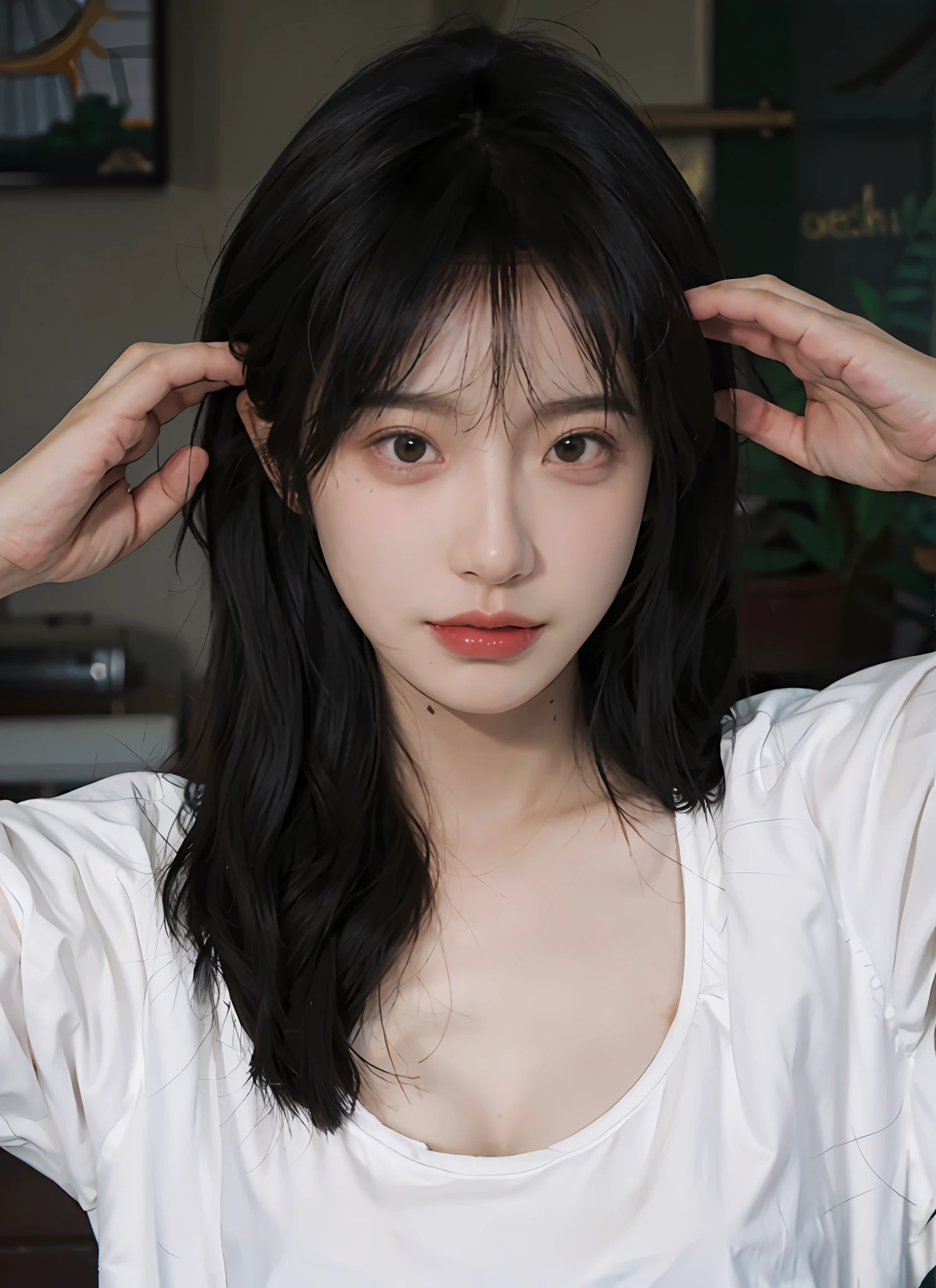 best qualtiy，tmasterpiece，超高分辨率，（realisticlying：1.4），1girll，Raised sexy，voluminous hair，Delicate face，Vivid，Real girls，（1.1）（brassier：1.2）largeaperture，cleavage，Wearing a white t-shirt dress，macro shot，Very plump，Looking at you，good eyes looking，