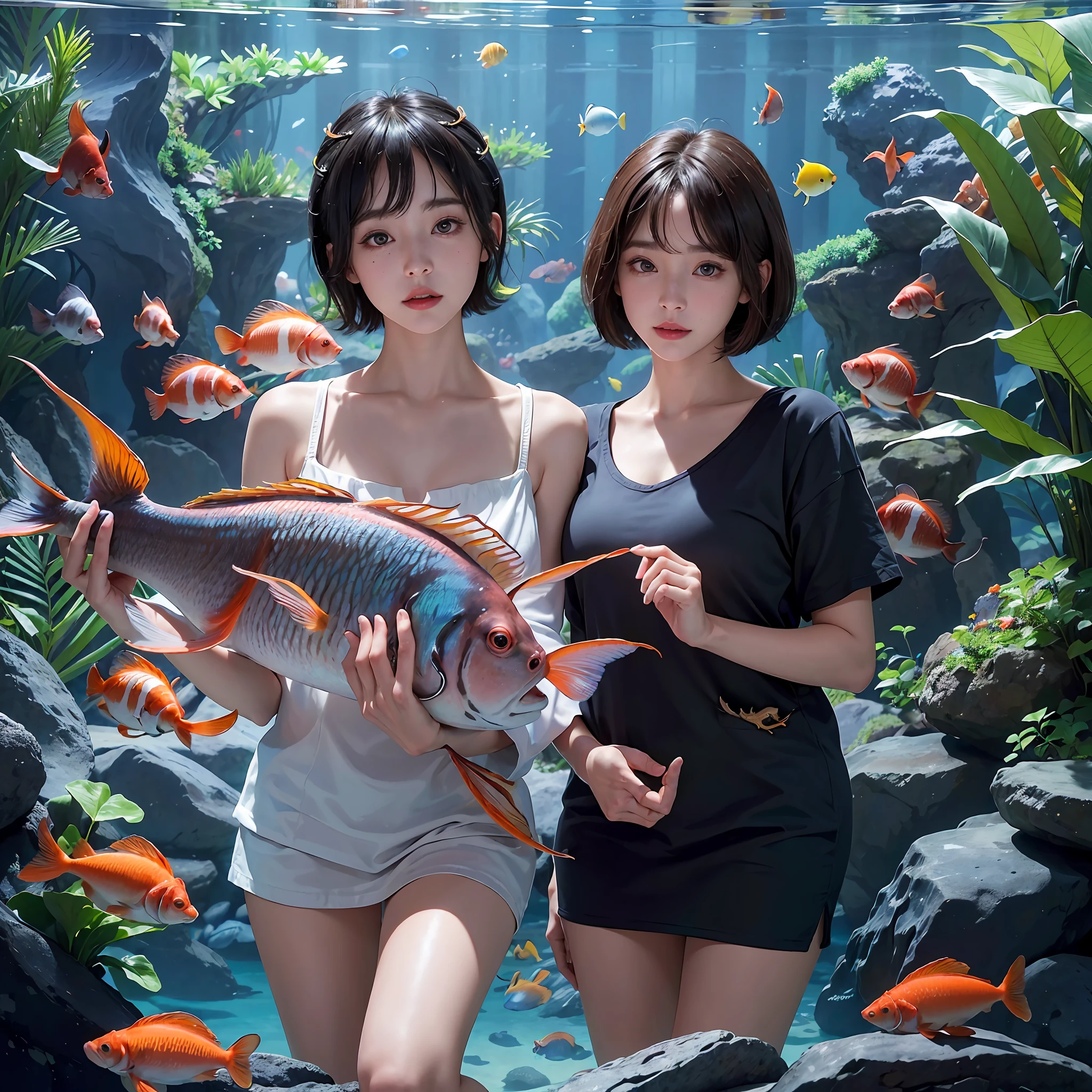 (((30-year-old woman with)))、((aquariums))、​masterpiece, 1 beautiful girls, (((very_Short_hair))), Eye details, Swollen eyes, Top image quality, 超A high resolution, (Realistis: 1.4), OriginalPhotographs, 1girl in, Cinematographic lighting, japanes, very beautif, Beautiful skins, (A hyper-realistic), (hight resolution), (8 K), (ighly detailed), (The best illustrations), (beautifully detailed eyes), (ultra-detailliert), A detailed face, look at a camera, Facing straight ahead, Neat Clothing, shorth hair、A dark-haired、46-point diagonal bangs、((aquariums))、Lots of fish、(((tropical fish)))