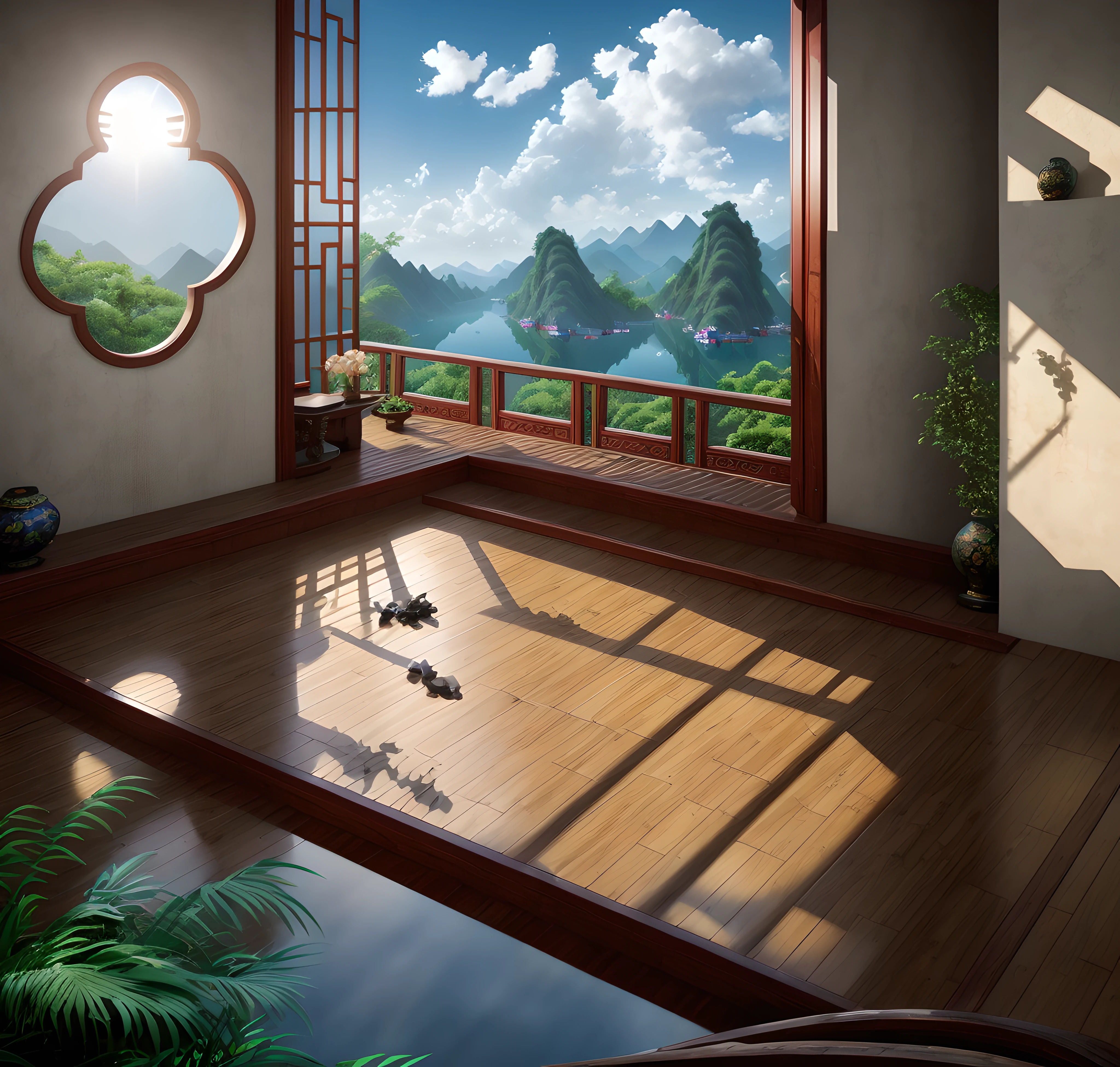 Bright scene，real rendering，（((In the daytime:1.5)))，Not a night view，Best quality at best，highly  detailed，tmasterpiece，ultra - detailed，Extremely detailed CG unifies 8K, 8K, Diamond, China Wall，tmasterpiece，best qualityer，Chinese martial arts style，There are water lilies，There are lanterns，Under the water，Lake surface，lotuses，The beautiful，（((Chinese martial arts style))), The sky is vast, Even the mountain cliffs, Bright ink style, Contour light, Atmospheric atmosphere, , bamboos, pines, Octagonal stone pavilion, Flying waterfalls, CG， The world of martial arts， Chinese style buildings， Eau， in a panoramic view，  8K， tmasterpiece， best qualtiy， high qulity， high detal， super detailing， A high resolution， hyper HD，Complete and unified，without humans，No animals