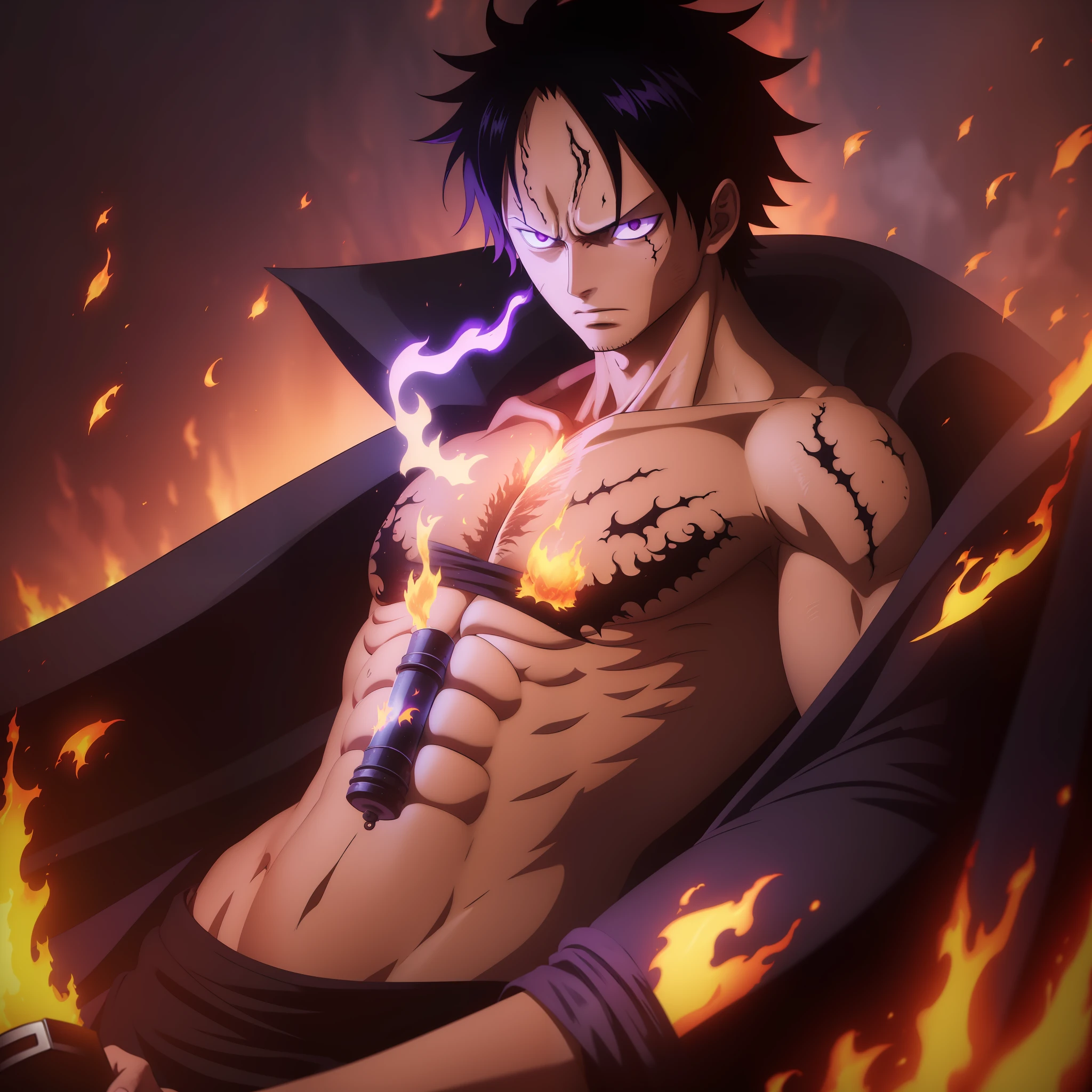 Dark background with realistic black flames anime One Piece 4k, with Ace with a defiant look (anime One Piece 4k) holding a purple flame, with a burn scar on his right eye, in a tense scene and pure mystery and suppression