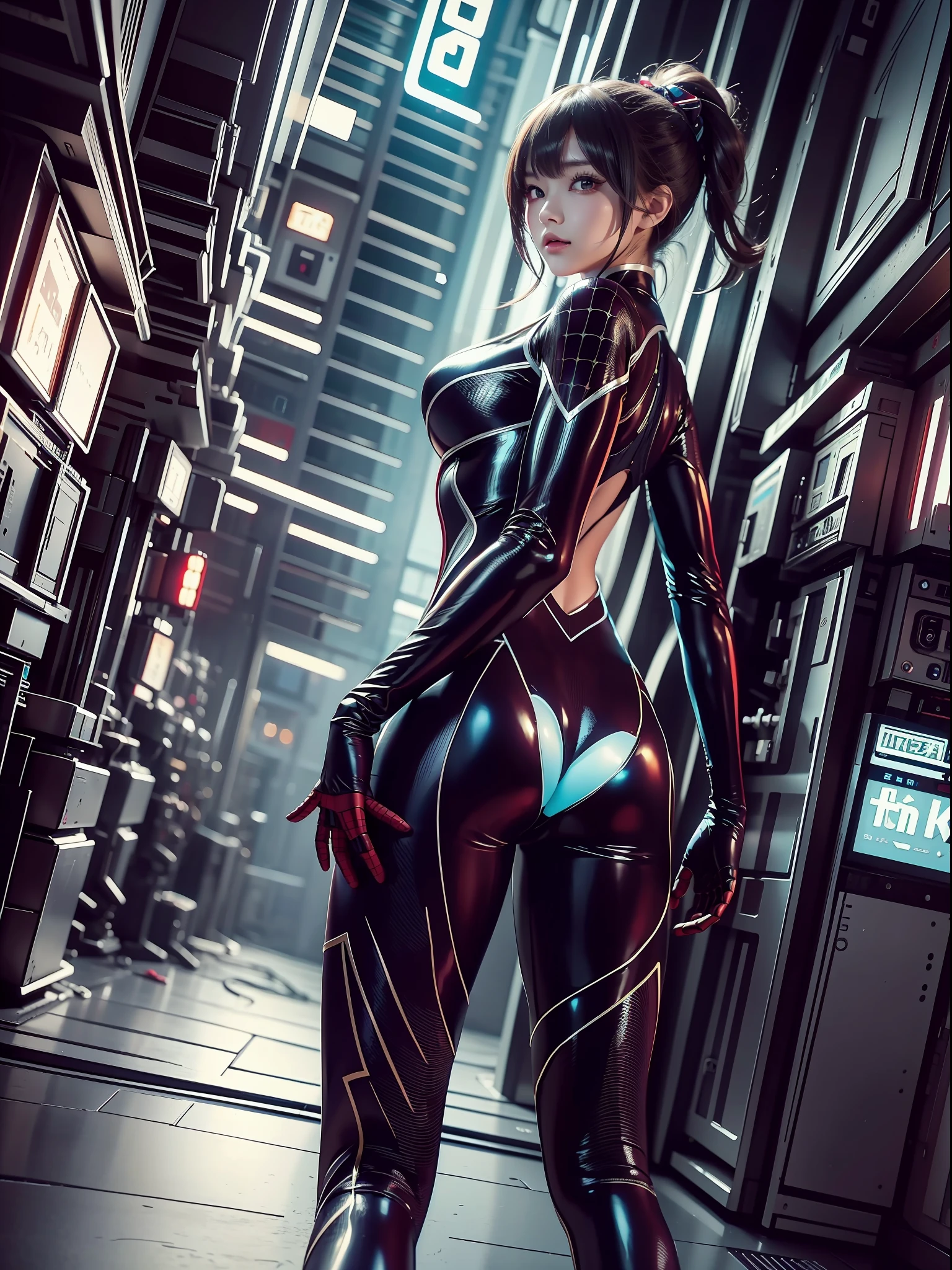 Japanese female body, Spiderman costume dress, cute 25 years old,big.masterpiece, best quality, (highly detailed CG unit 8k wallpaper) (best quality), (best illustration), anime, urban, cyberpunk city, neon blue sky, --v6
