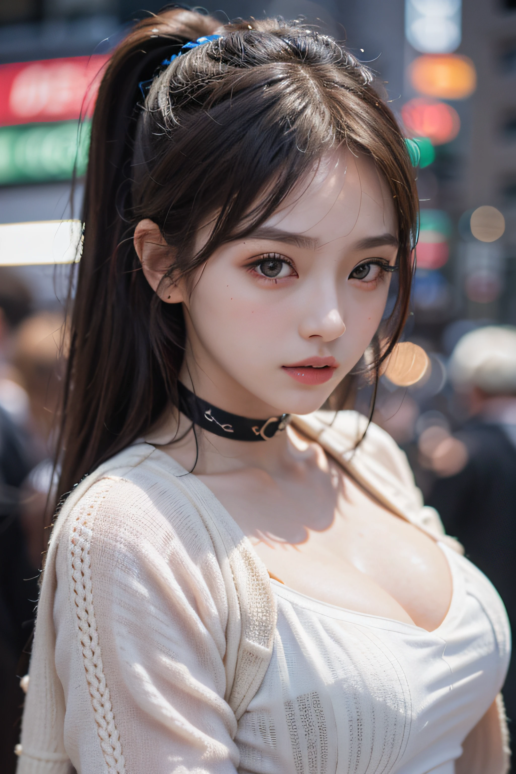 Best Quality Detail:1.2, realisitic, 8K UHD, hight resolution, 1girl in:1.2, The ultra-detailliert, High quality textures, intricate detailes, detaileds, Very detailed CG, High quality shadows, Detail Beautiful delicate face, Detail Beautiful delicate eyes, depth of fields, Ray traching, in her 20s, Pretty Kpop Girl, Korean Urzan Face:1.1, Slender face, ulzzang -6500-v1.1:0.6, pureerosface_v1, gloweyes, teak, Glossy lips, perfectbody, a choker、cleavage of the breast、 Brown hair、poneyTail:1.1, Street, Particle, look at viewr, Photorealsitic:1.4, ultra-detailliert, photos realistic, 4K 8K UHD Full Color RAW Photos, Fuji Film(Medium format:1.2), Hasselblad:1.2, Carl zeiss:1.1, Incredible dynamic range photography(UTIL_Art by Smoose-768:1.1), hight resolution, High pixel count, clear details, crisp image, Natural color reproduction, Noise Reduction, High fidelity, qulity, Software Improvements, Upscaling, Optimized algorithms, Pro-level retouching、((Shibuya, tokyo prefecture))、On the way to shopping、((Fashionable clothes with a very high design))、Casual Tracksuit: Sporty and casual tracksuit、Fashionable style