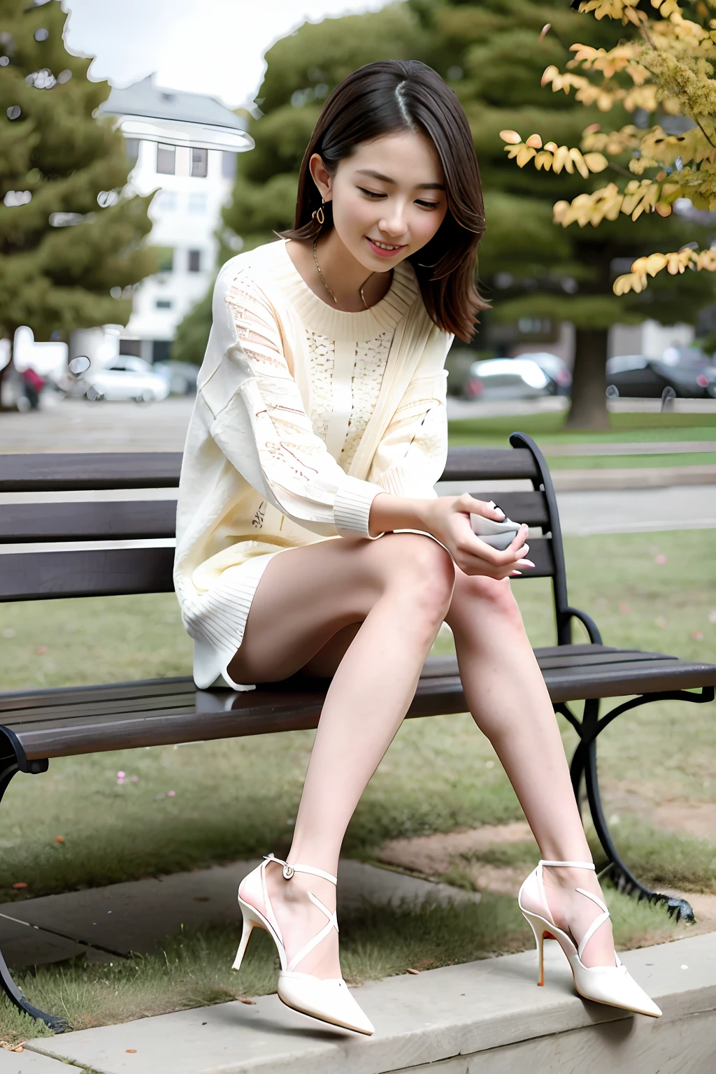 there is a woman that is sitting down on a bench, girls resting, sitting on a bench, sitting on a bench, wearing elegant casual clothes, Sitting on a park bench, Sit on a bench, wearing off - white style, dressed with long fluent clothes, arte mista, modern casual clothing, modern fashion outfit, casual modern clothing, woman, casual clothing style,Lace socks:1.3,high-heels