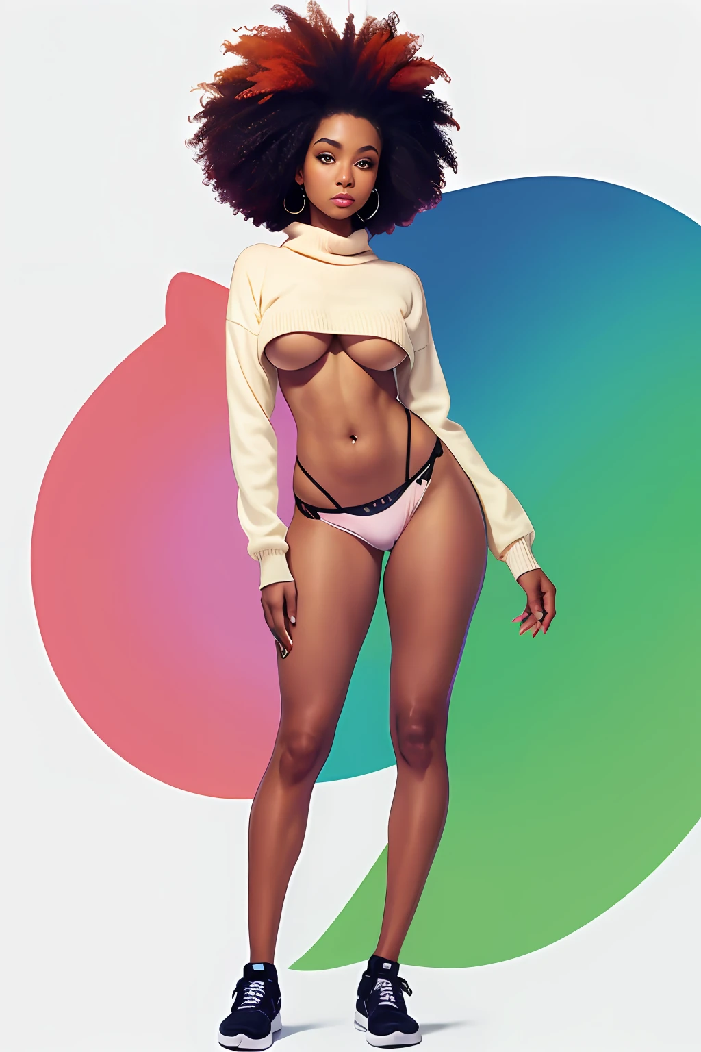 colorful virgin destroyer sweater, 1girl, ((dark skinned)) solo, navel, (((closed mouth))), side-tie panties, underboob, highleg panties, octane render, realistic, blacklight, 1girl,  (multicolored hair:1.3) (small Afro), tattoo, best quality, ultra high res, mature female, (), [(white background:1.5),::5] hexagon, 1 girl, mid shot, full body,