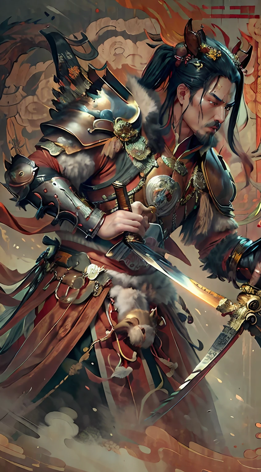 masterpiece, traditional chinese ink painting, 1 man, pony hair, no beard, hold a sword, look at viewer, tease, Spirit, loong, hanfu inside and armour outside, song dynasty, UHD Dragon horn, 4k, best quality, super detail, award winning, high quality, best quality, high details