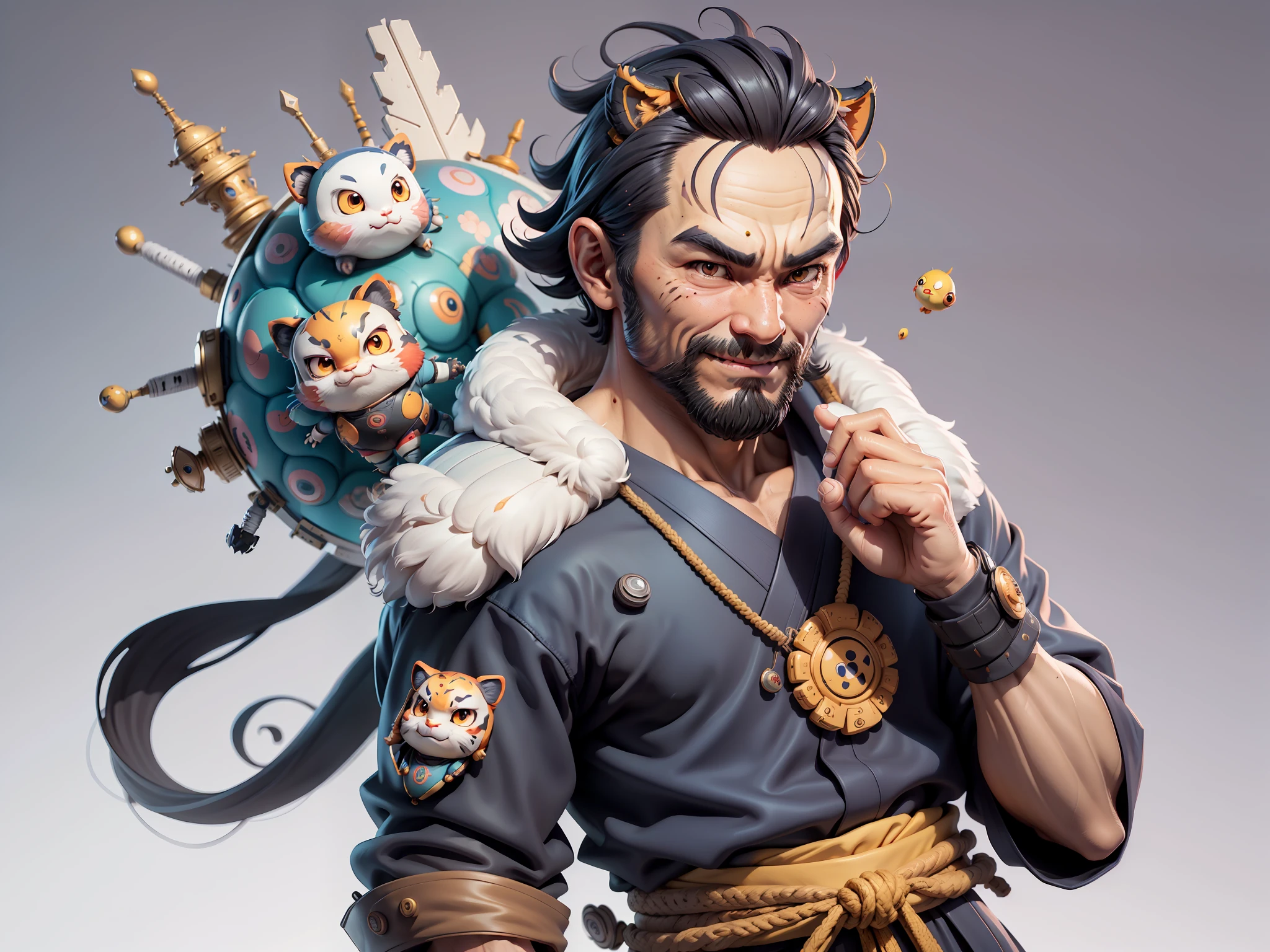 (Daisaku),(Need),(Super meticulous),(full bodyesbian:1.2),Super young man with Japanese geisha,Beautiful,orient,one tiger,Aeolian Thor,Raised sexy,爆乳,Oriental face,TV Anchor,Bust portrait illustration,In black suit,a blue tie,The face is slightly chubby,The face was clean,without a beard,Black super short hair,Black eyes,Smile confidently,3C computer sub-products,iPad, iphone,Digital painting,3D character design by Mark Clairen and Pixar and Hayao Miyazaki and Akira Toriyama,The illustration is a high-definition illustration in 4K resolution,With very detailed facial features and cartoon-style visuals。