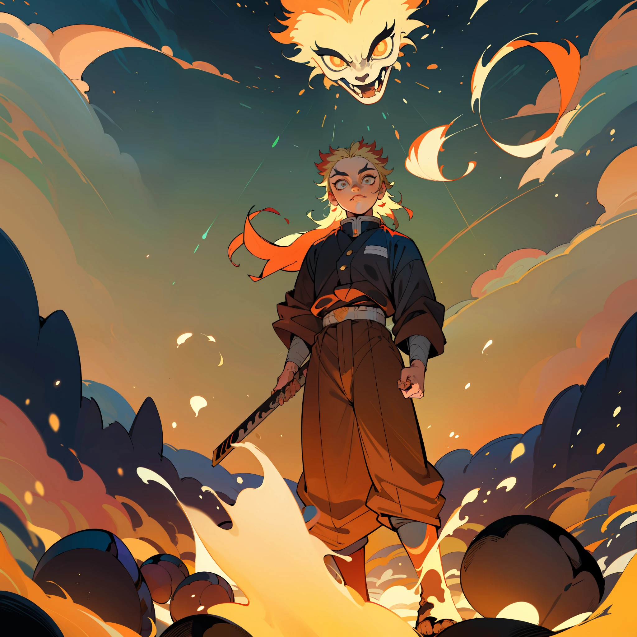 garto sorridente, kyojuro rengoku, segunrando espada em chamas, pupilas de blue lock eyes em chamas, trage de gala de hashira pegando fogo nas pontas, (extremamente realista, High Definition Character Design), Rengoku Kyojuro standing in the Sage Mode of the Six Paths (Naruto), majestoso e poderoso, (olhos vermelhos brilhantes:1.2), (espada brilhante:1.3), chamas engolindo seu corpo, dinamic pose, Standing on a burning battlefield, intenso contraste de luz e sombra, High saturation colors, vivid and impactful