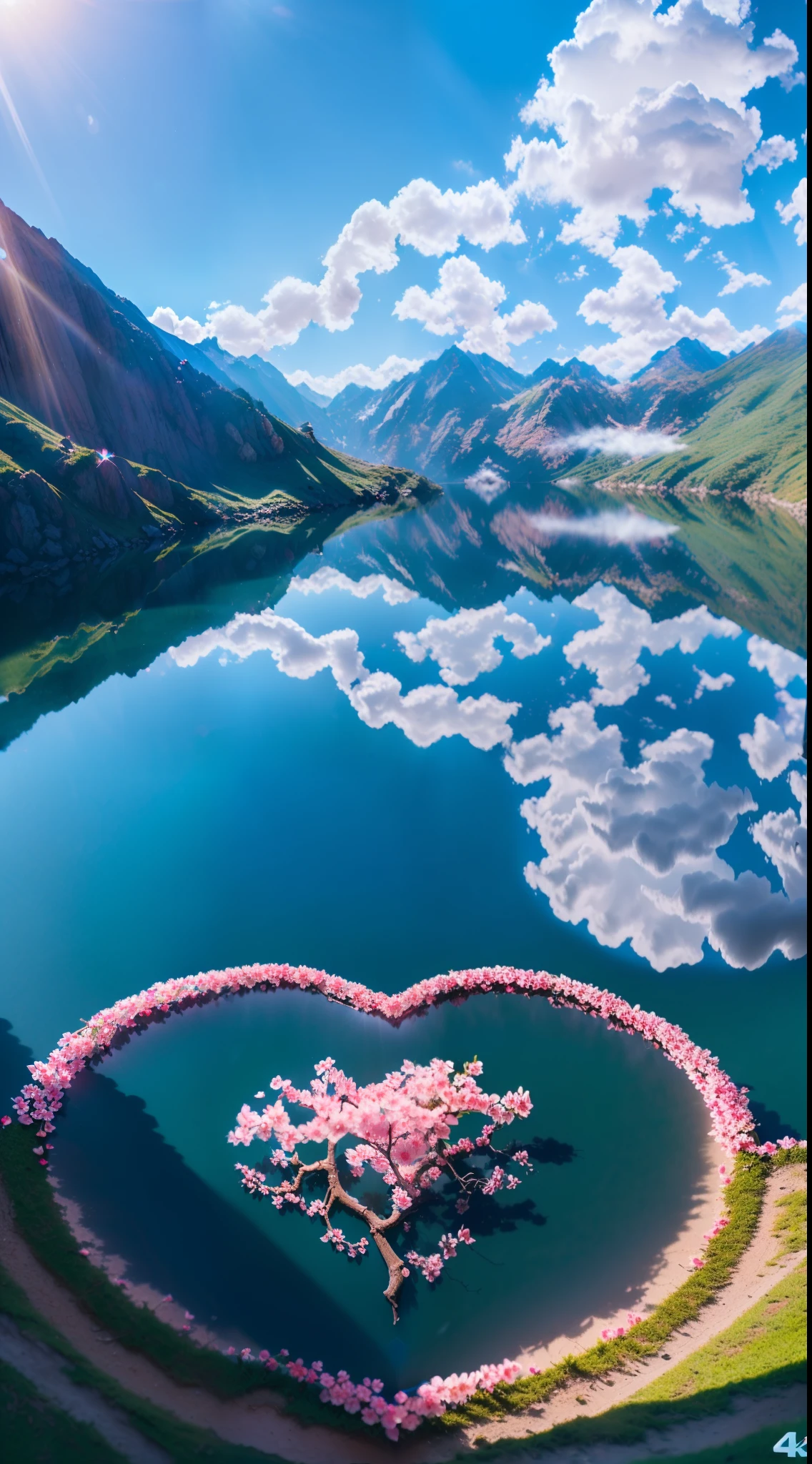 Mountain cherry blossoms, Heart-shaped lake, Blue sky, A masterpiece of white clouds (Best quality, Detailed details, Masterpiece, , 4K, Chiaroscuro，（realisticlying:1.4), Canon camera is realistic