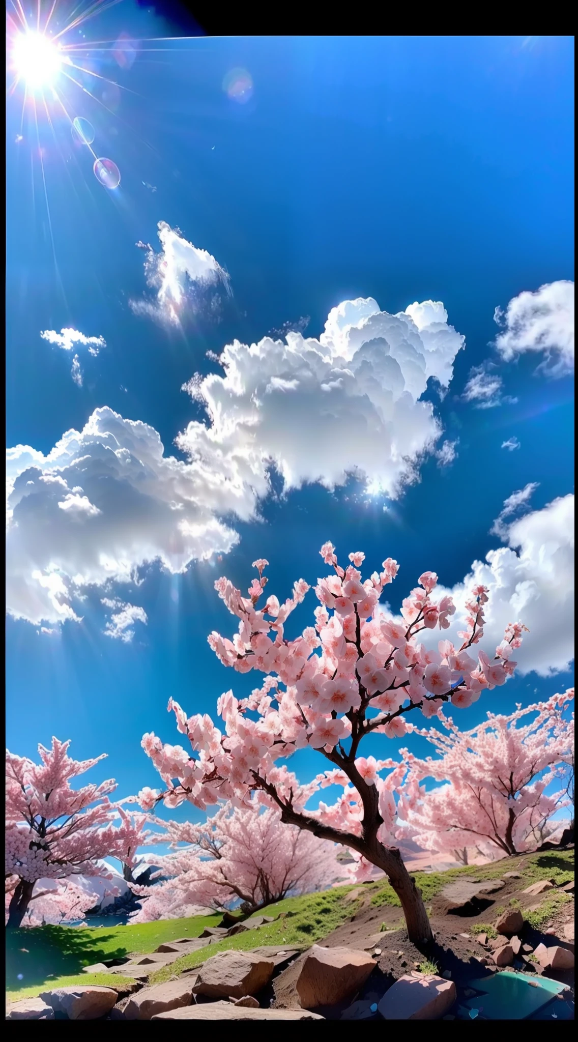 Mountain cherry blossoms, Heart-shaped lake, Blue sky, A masterpiece of white clouds (Best quality, Detailed details, Masterpiece, , 4K, Chiaroscuro，（realisticlying:1.4), Canon camera is realistic