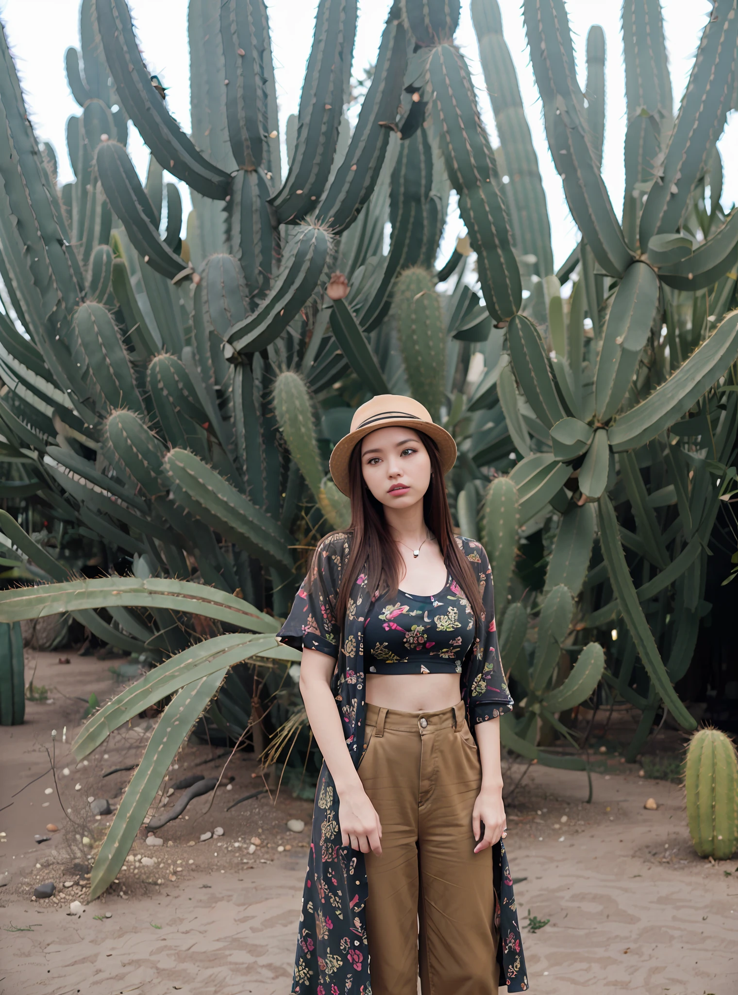 There is a woman standing in front of a cactus plant, being thin，No excess meat，Bigchest，The female figure remains unchanged from the original image，Chestless clothing，There is a cat standing next to it，