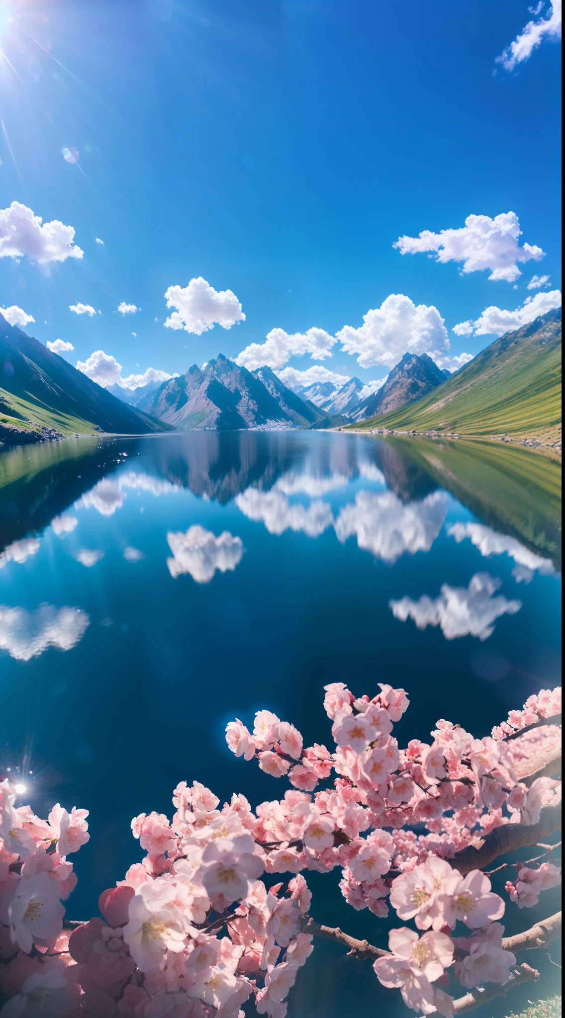 Mountain cherry blossoms, Heart-shaped lake, Blue sky, A masterpiece of white clouds (Best quality, Detailed details, Masterpiece, , 4K, Chiaroscuro,(realisticlying:1.4), Canon camera is realistic