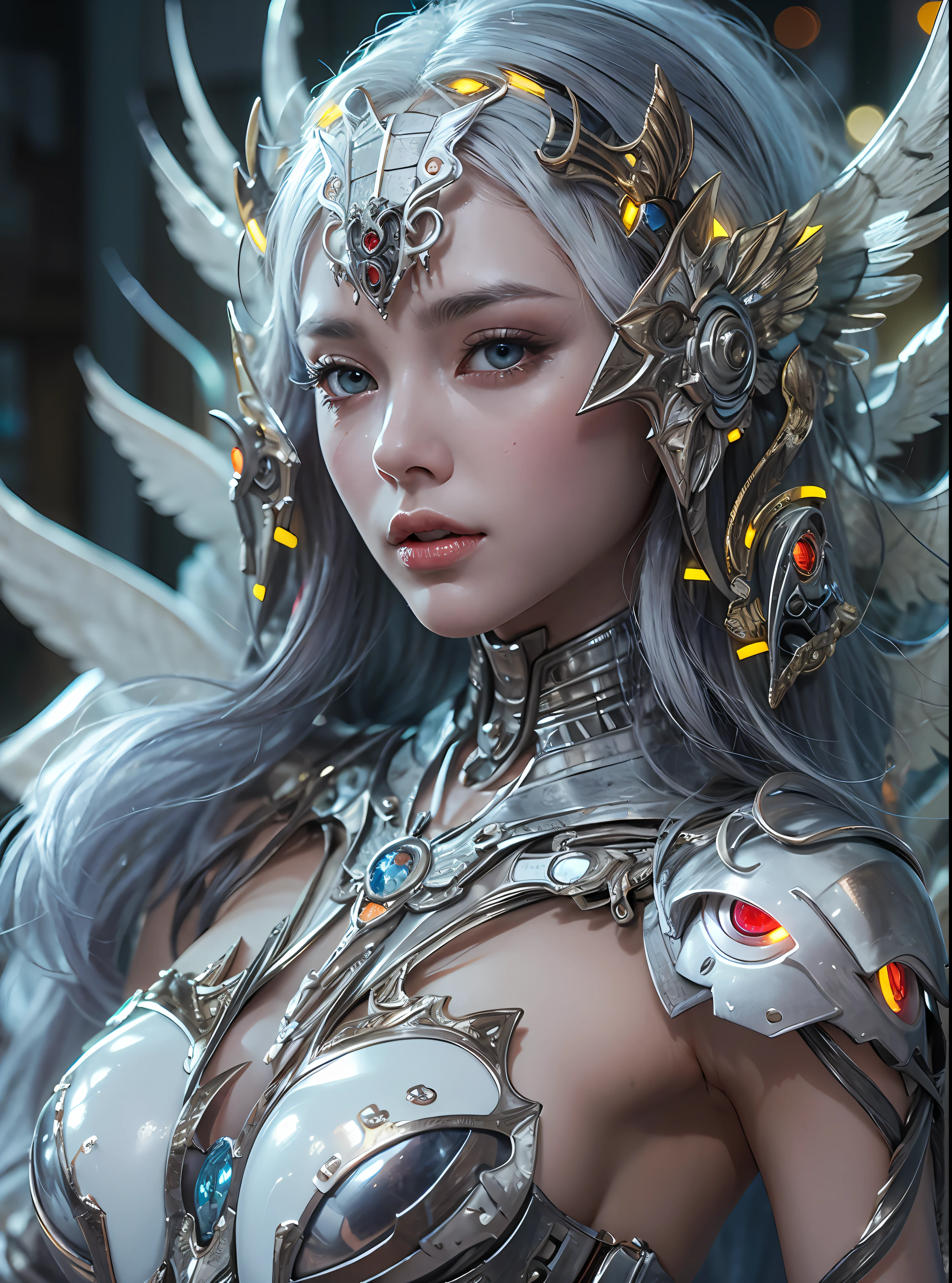 top-quality、masterpiece、超A high resolution、(Photorealsitic:1.4)、Raw photo、Cyborg Angel、large wings made of metal、White porcelain body、white hair、glowy skin、1 Cyborg Girl、((super realistic details))、portlate、globalillumination、Shadow、octan render、8K、ultrasharp、character edge light,Colossal tits、Raw skin is exposed in cleavage、Details of complex ornaments、Sumerian Detail Hydraulic Cylinder、Small LED lamp、highly intricate detail、Realistic light、a purple eye、radiant eyes、Facing the camera、neon details、cowboy shot、Futuristic headgear、More about cyberpunk、、