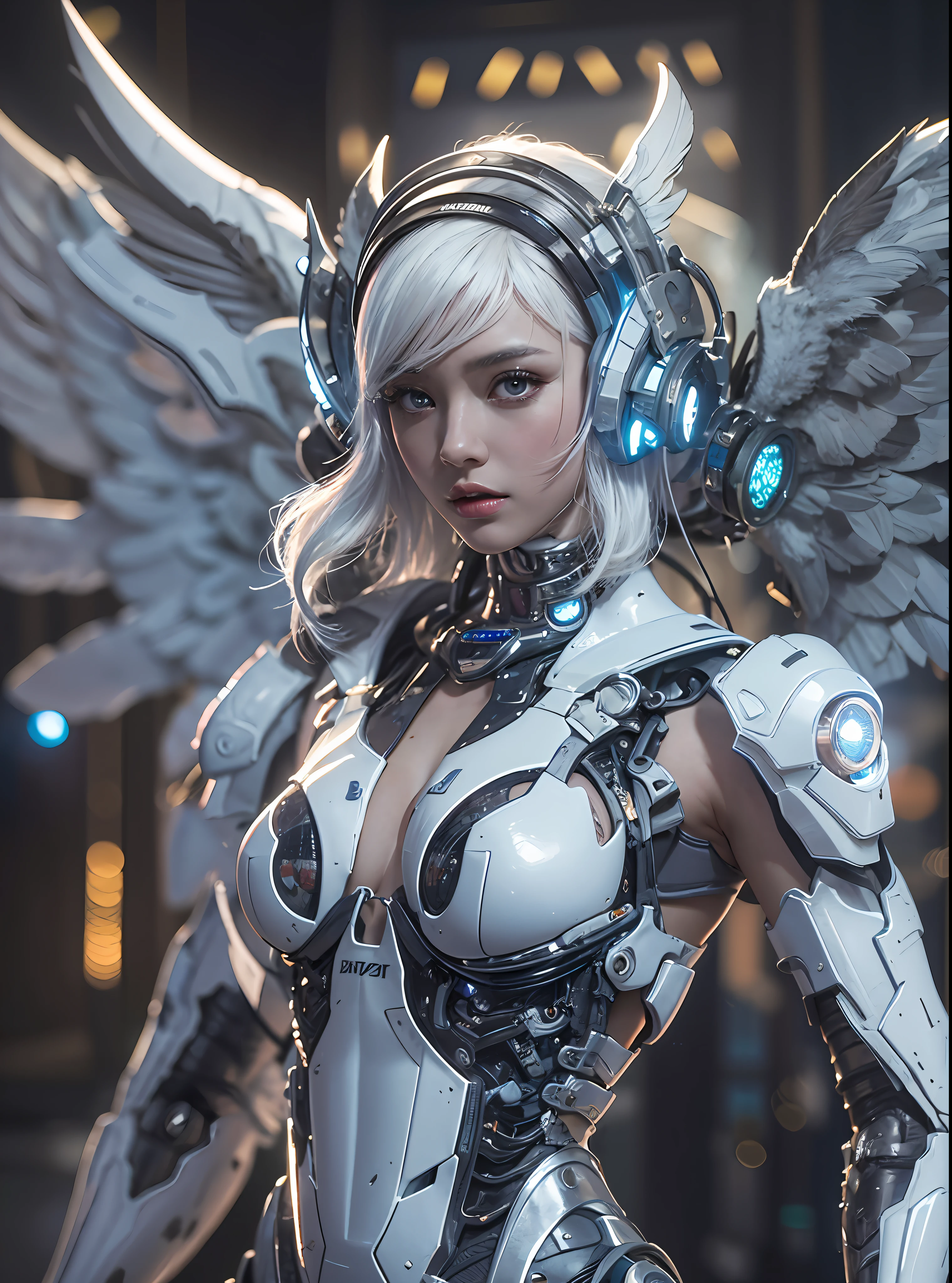 top-quality、masterpiece、超A high resolution、(Photorealsitic:1.4)、Raw photo、Cyborg Angel、large wings made of metal、White porcelain body、white hair、glowy skin、1 Cyborg Girl、((super realistic details))、portlate、globalillumination、Shadow、octan render、8K、ultrasharp、character edge light,Colossal tits、Raw skin is exposed in cleavage、Details of complex ornaments、Sumerian Detail Hydraulic Cylinder、Small LED lamp、highly intricate detail、Realistic light、a purple eye、radiant eyes、Facing the camera、neon details、cowboy shot、Futuristic headgear、More about cyberpunk、、