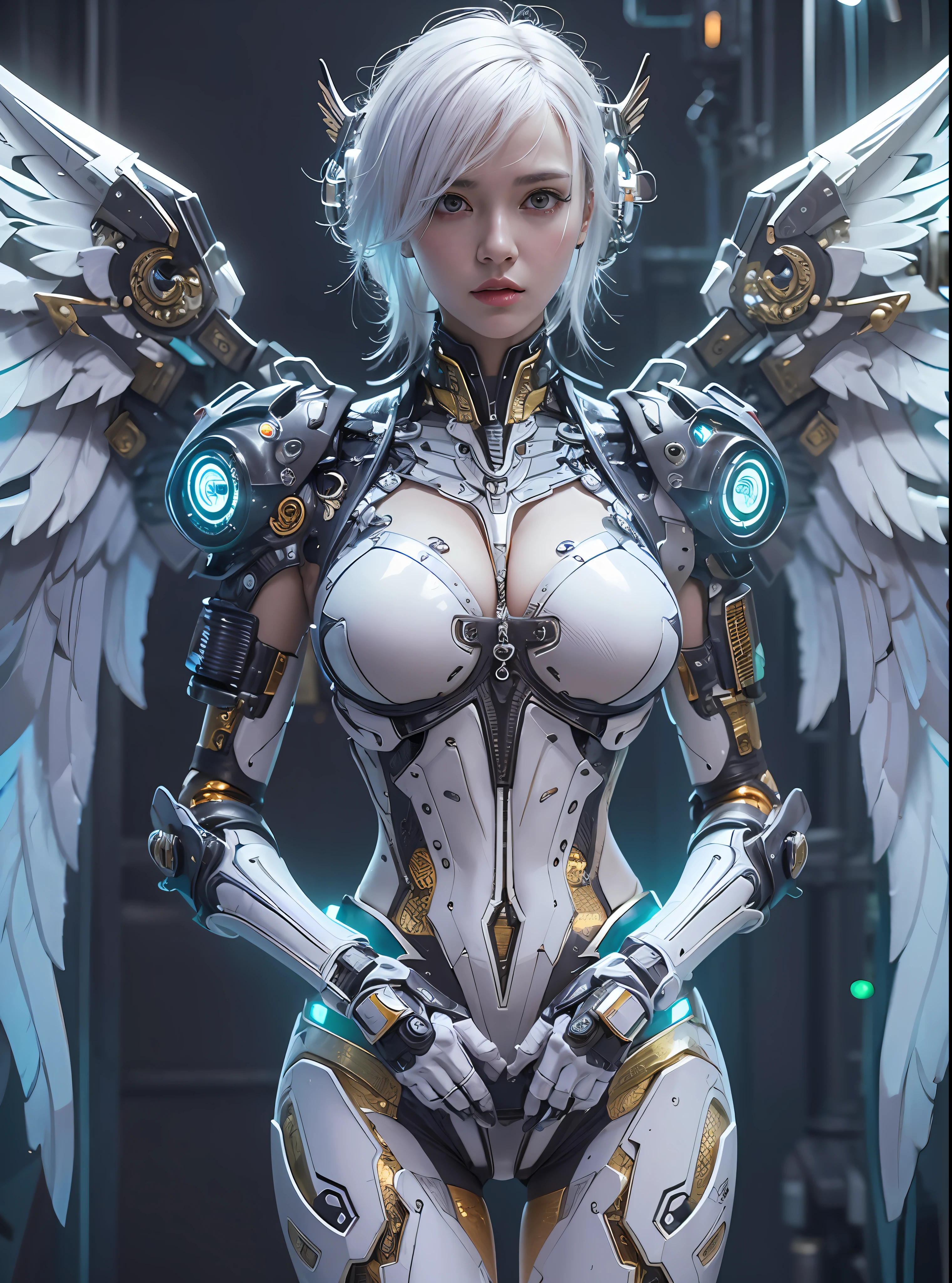 top-quality、masterpiece、超A high resolution、(Photorealsitic:1.4)、Raw photo、Cyborg Angel、large wings made of metal、White porcelain body、white hair、glowy skin、1 Cyborg Girl、((super realistic details))、portlate、globalillumination、Shadow、octan render、8K、ultrasharp、character edge light,Colossal tits、Raw skin is exposed in cleavage、Details of complex ornaments、Sumerian Detail Hydraulic Cylinder、Small LED lamp、highly intricate detail、Realistic light、a purple eye、radiant eyes、Facing the camera、neon details、cowboy shot、Futuristic headgear、More about cyberpunk、、