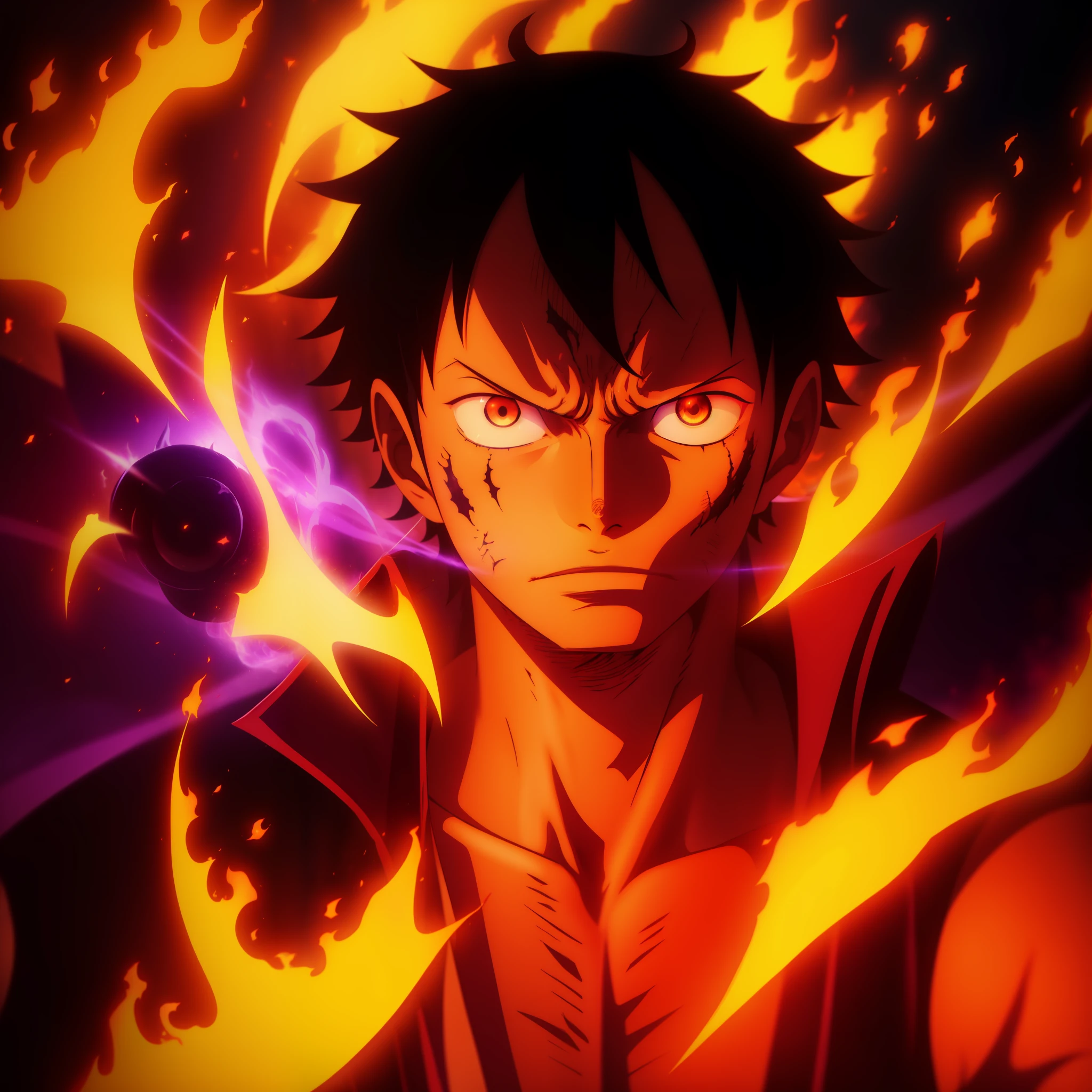 Dark setting with realistic black flames from the One Piece 8k anime, with a defiant appearance holding purple flames, with a burn scar over his right eye, in a tense and purely mysterious and repressive setting. wearing a straw hat