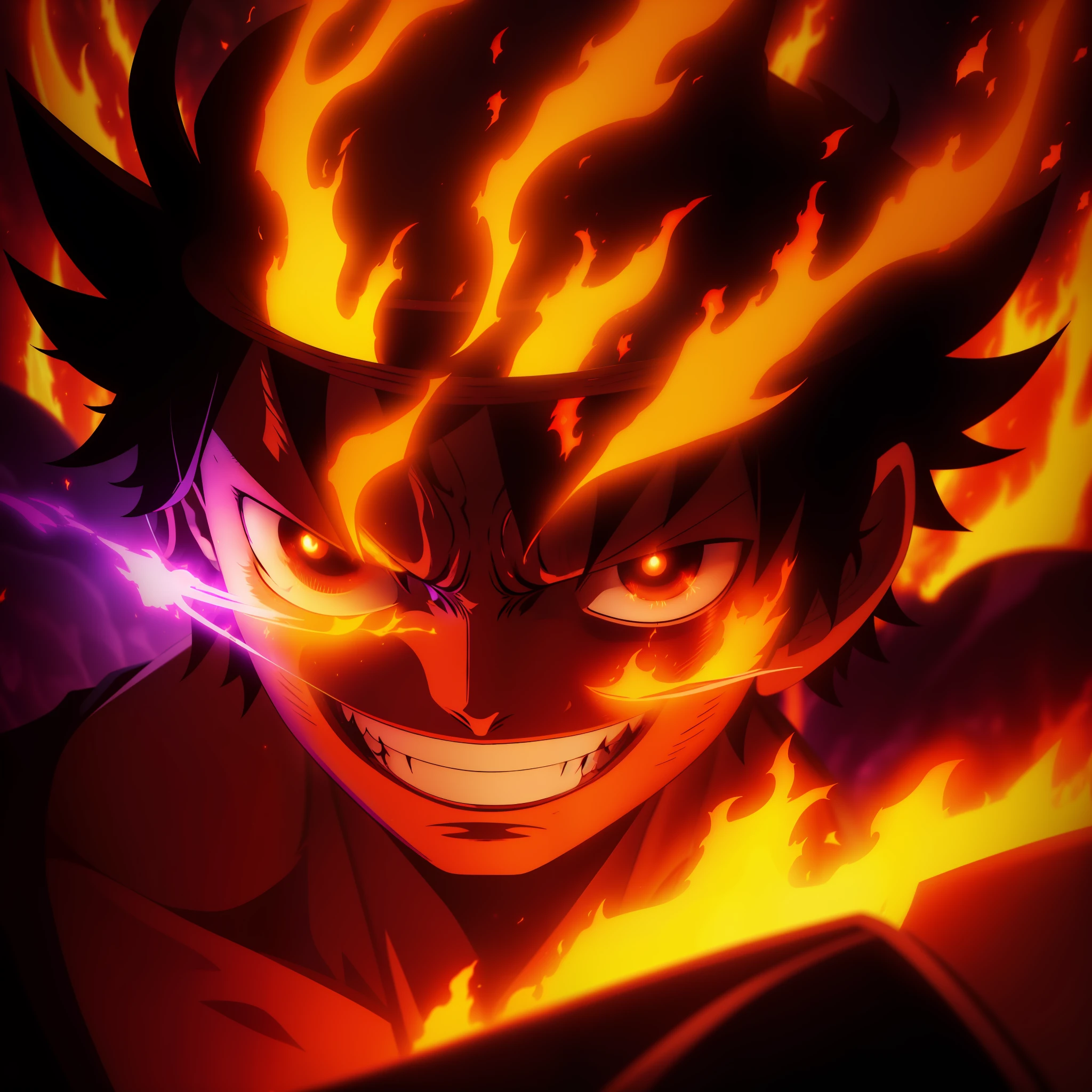 Dark setting with realistic black flames from the One Piece 8k anime, with a defiant appearance holding purple flames, with a burn scar over his right eye, in a tense and purely mysterious and repressive setting. wearing a straw hat