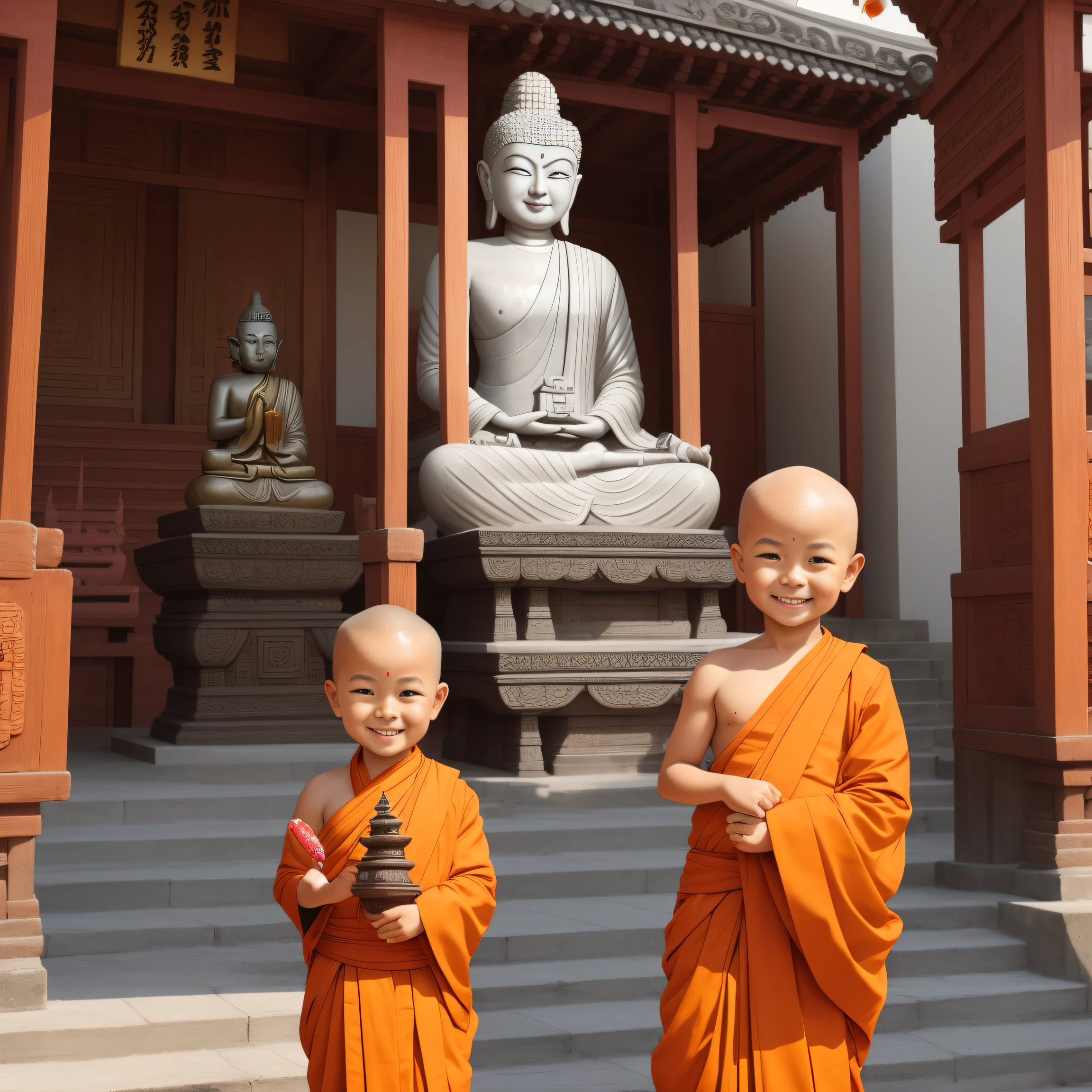 With a smile，Eyebrow beauty， monk without hair，The Buddha statue sits in front of the temple and knocks on the wooden fish