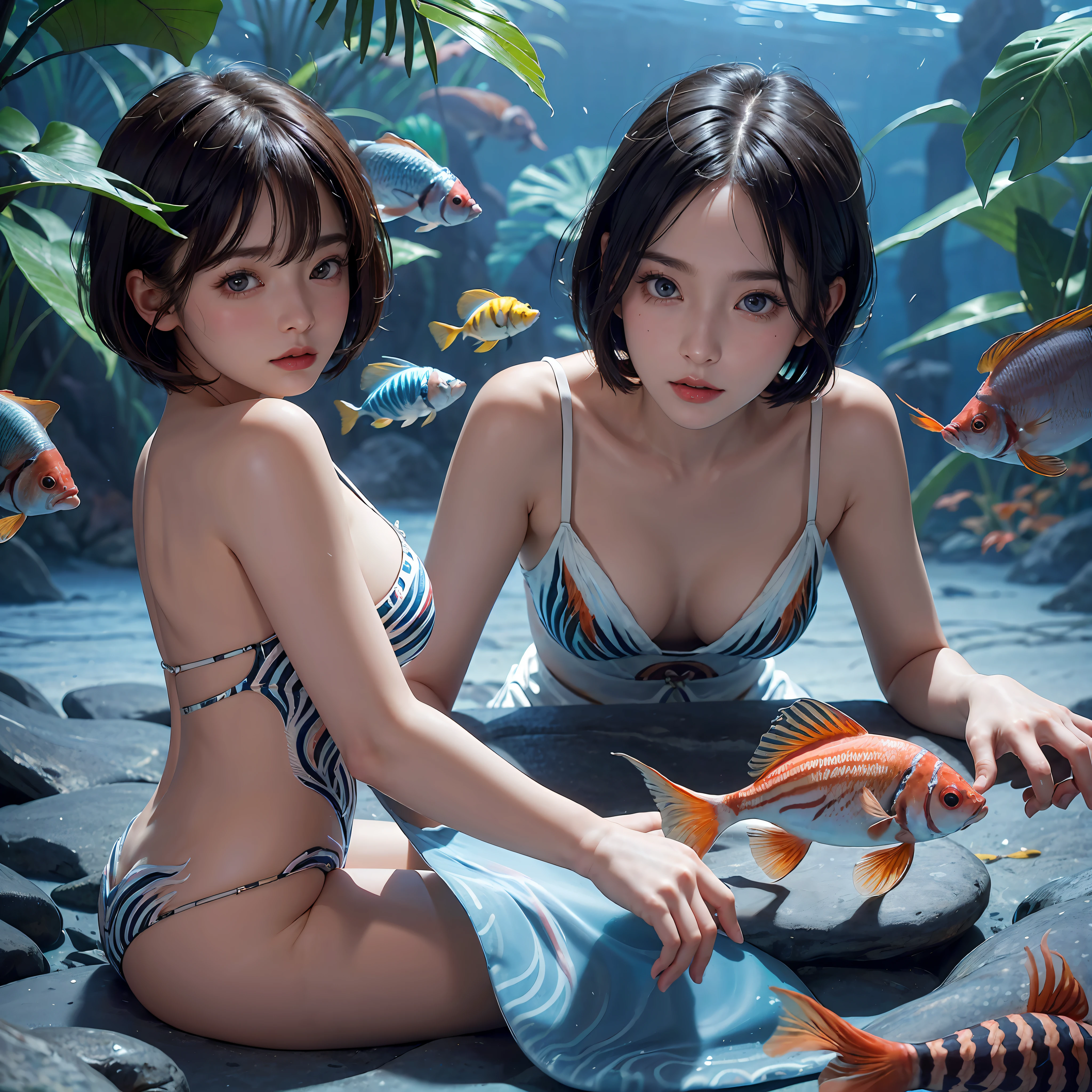 (((30-year-old woman with)))、((aquariums))、masterpiece, 1 beautiful girls, (((very_Short_hair))), Eye details, Swollen eyes, Top image quality, 超A high resolution, (Realistis: 1.4), OriginalPhotographs, 1girl in, Cinematographic lighting, japanes, very beautif, Beautiful skins, (A hyper-realistic), (hight resolution), (8 K), (ighly detailed), (The best illustrations), (beautifully detailed eyes), (ultra-detailliert), A detailed face, look at a camera, Facing straight ahead, Neat Clothing, shorth hair、A dark-haired、46-point diagonal bangs、((aquariums))、Lots of fish、(((tropical fish)))