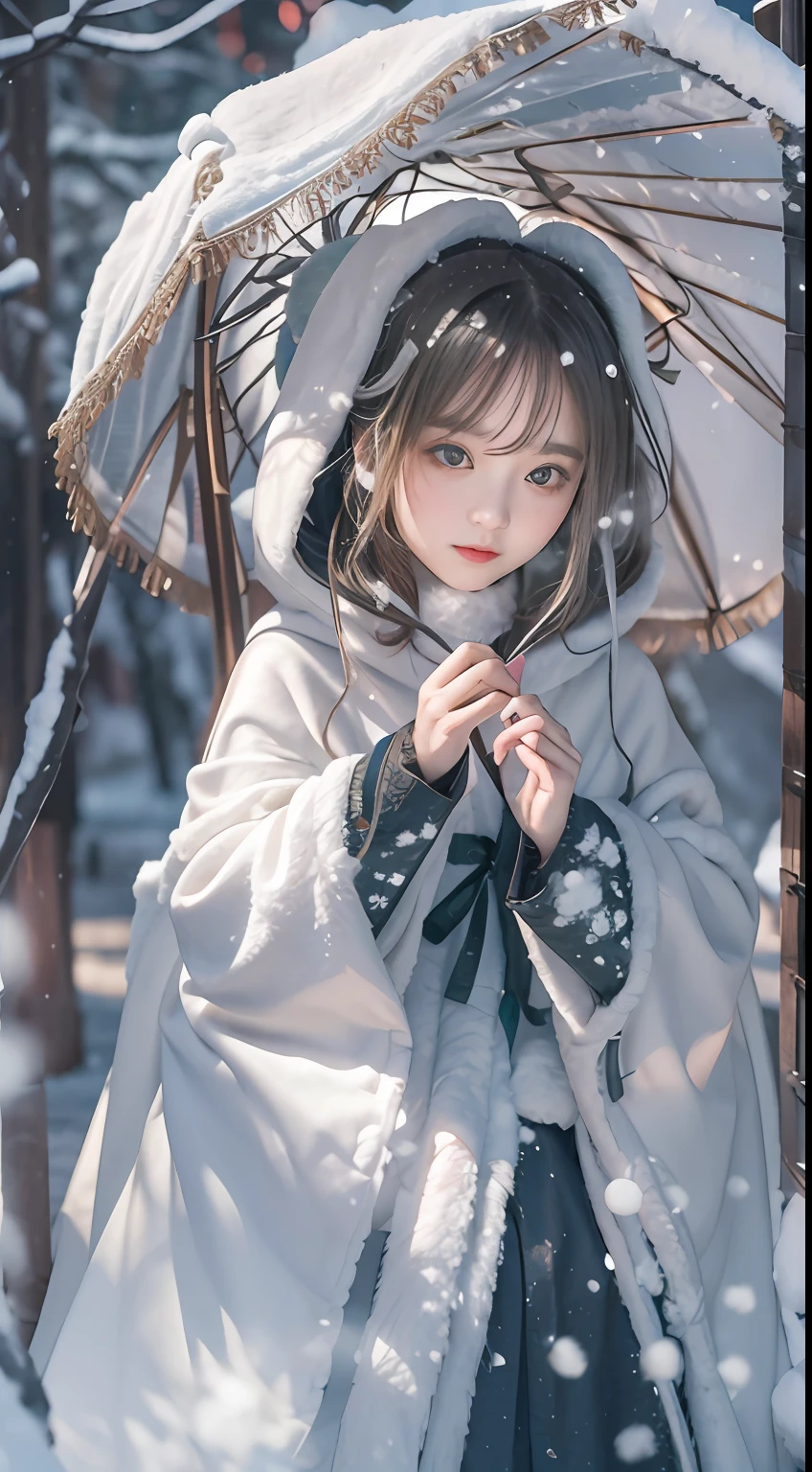 ((Works of masters))，(超高分辨率)，1 girl, Sitting, Lolita costume，Cloak (Snow, Outdoor activities in winter:1.2),