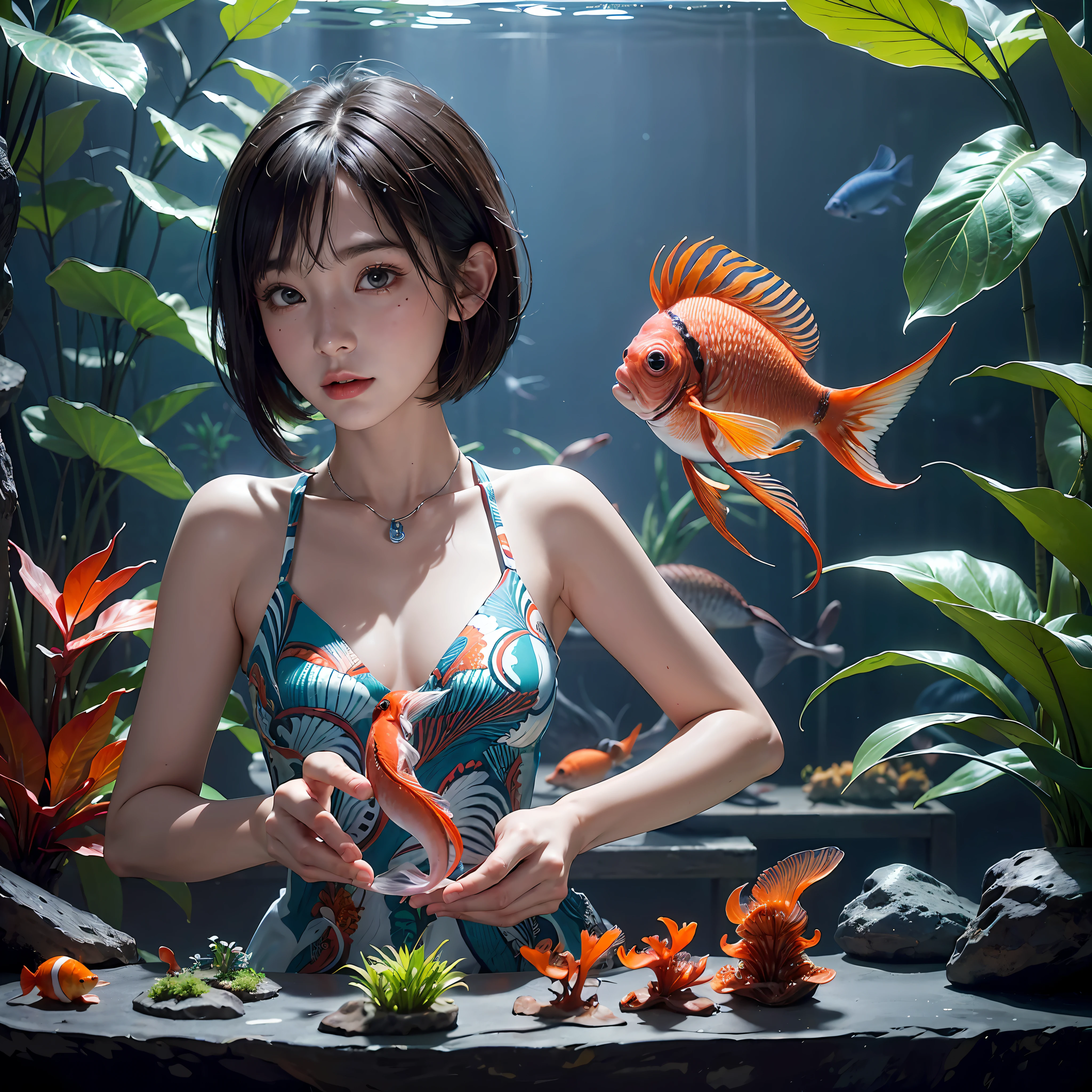 (((30-year-old woman with)))、((aquariums))、​masterpiece, 1 beautiful girls, (((very_Short_hair))), Eye details, Swollen eyes, Top image quality, 超A high resolution, (Realistis: 1.4), OriginalPhotographs, 1girl in, Cinematographic lighting, japanes, very beautif, Beautiful skins, (A hyper-realistic), (hight resolution), (8 K), (ighly detailed), (The best illustrations), (beautifully detailed eyes), (ultra-detailliert), A detailed face, look at a camera, Facing straight ahead, Neat Clothing, shorth hair、A dark-haired、46-point diagonal bangs、((aquariums))、Lots of fish、(((tropical fish)))