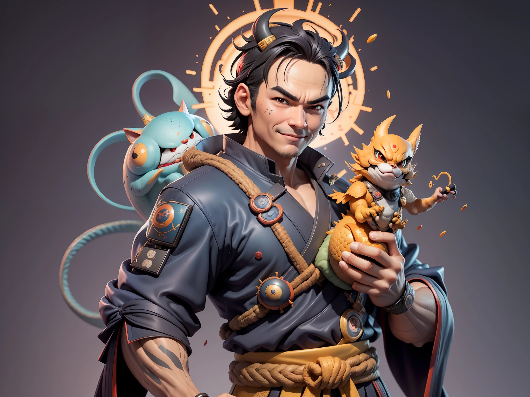 (Daisaku),(Need),(Super meticulous),(full bodyesbian:1.2),Super young man with Japanese geisha，Beautiful，Oriental dragon，Aeolian Thor，Raised sexy，爆乳，Oriental face，TV Anchor，Bust portrait illustration，In black suit，a blue tie，The face is slightly chubby，The face was clean，without a beard，Black super short hair，Black eyes，Smile confidently，3C computer sub-products，iPad， iphone，Digital painting，3D character design by Mark Clairen and Pixar and Hayao Miyazaki and Akira Toriyama，The illustration is a high-definition illustration in 4K resolution，With very detailed facial features and cartoon-style visuals。