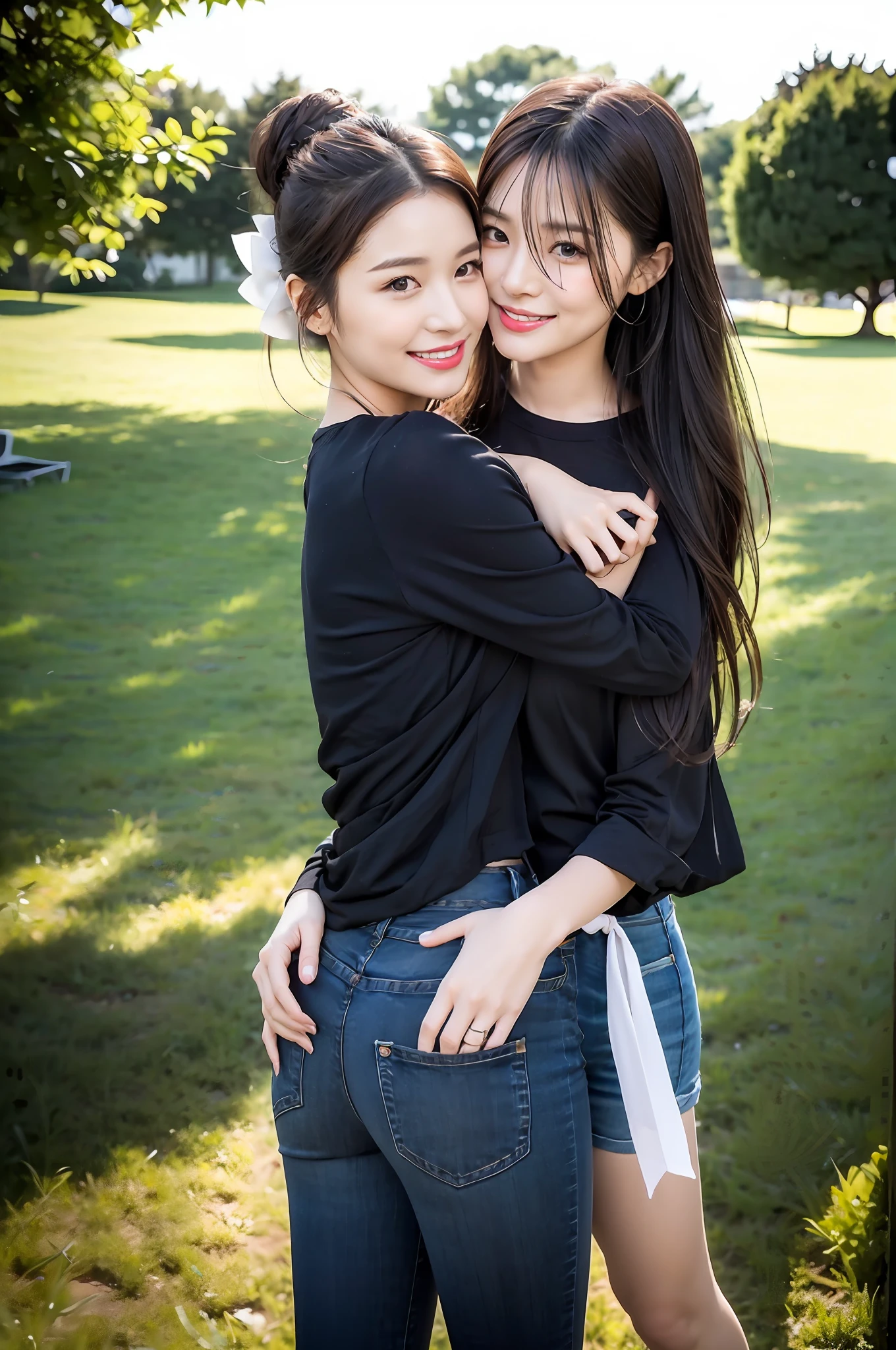 (RAW photogr,超高分辨率,tmasterpiece,best qualtiy:1.4),Complicated details,2 20 year old Korean girl,Wear a loose black T-shirt and stylish jeans,Stand on the grass and take pictures,hugs,Intimate relationships,Detailed meadow,A sweet smile on a small face,The face and skin are pink and fair,Ultra-realistic facial details,Beautiful ribbon hair accessories,Playful and coquettish pose,The calves are straight and slender:1.5,Wear high-end branded colorful travel shoes:1.5,eventide,warm color,Broad lighting,naturalshadow,Shoot from the back,Beautiful waist and hips,taking a full body photo:1.8