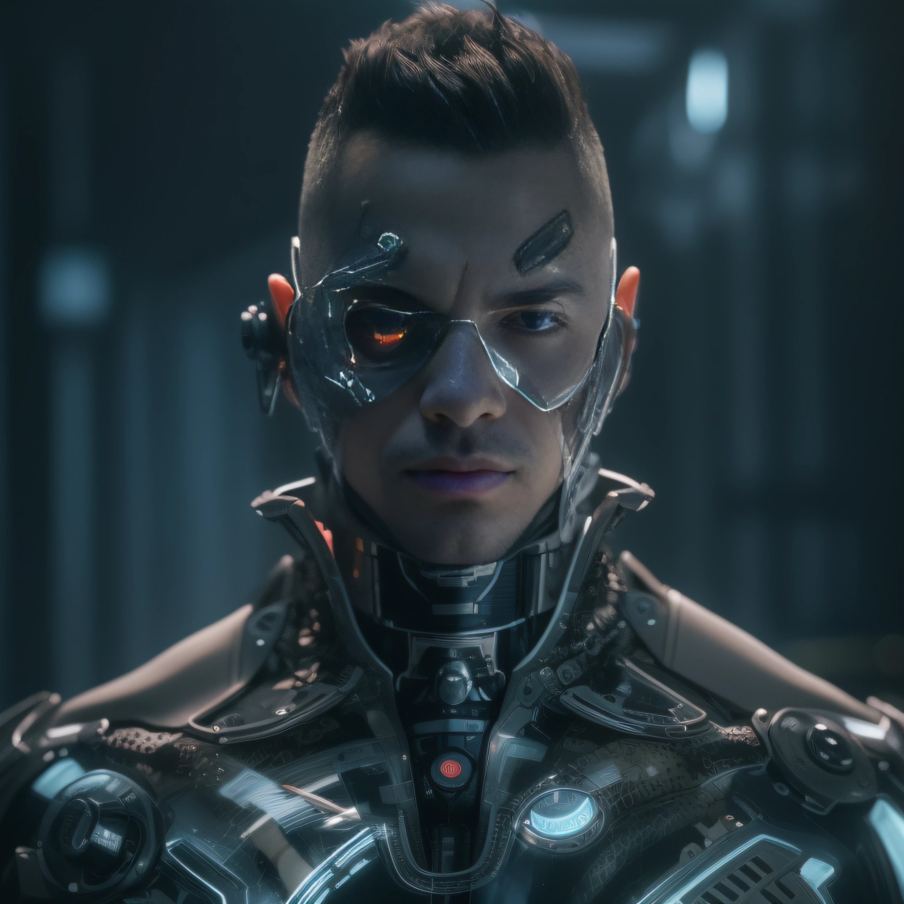 (Alfid man wearing black transparent latex tongs，Translucent latex pliers：1.5)，（Metallic body, bionic scifi alexandre ferra, cyborg neck, cyborg male, male cyborg, cyborg fashion model, portrait of a cyborg, detailed portrait of a cyborg, cybernetic neck implant, portrait of a futuristic robot ：1.3）（dystopian sci-fi character, sci - fi character, portrait of a cyberpunk cyborg：1.2）（8K，Extreme detail，Hair in extreme detail，Ultra photo realsisim，cinmatic lighting：1.1）（Asian supermodel face，Strong muscles and perfectly curved body，Extreme sexual tension，Hormonal explosion，whole body display：1.5）（Short hair, Light-colored beard, Stubble masculinity，Naked muscle man，Muscular macho，No clothes on，Only a pair of thongs was worn，Extremely sexy and provocative：1.5)（whole body display：1.5）